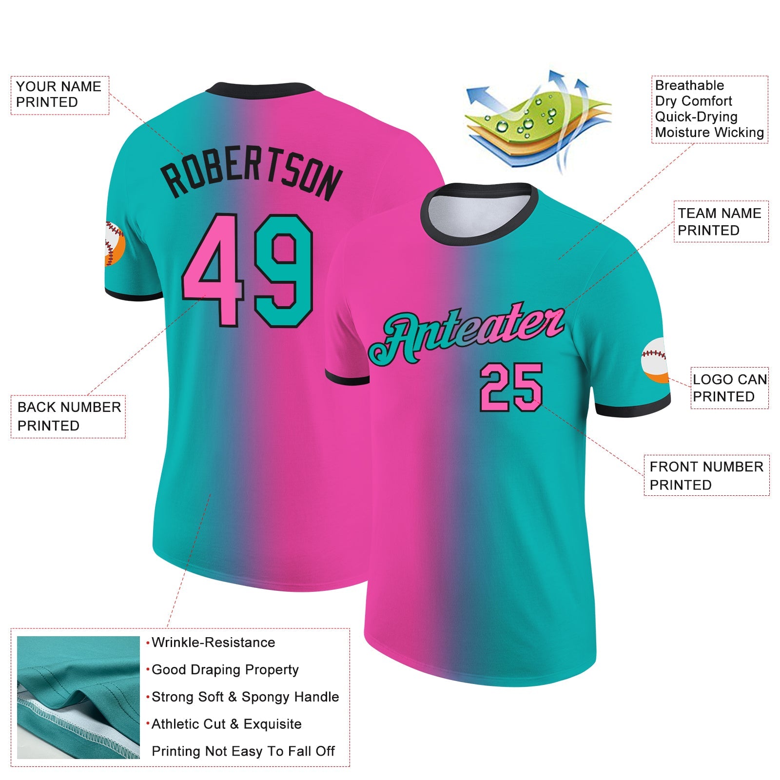 Custom Aqua Pink-Black Gradient Fashion Performance T-Shirt view 2