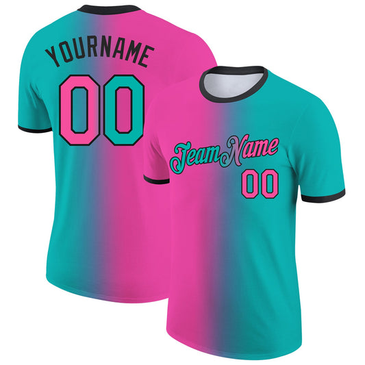 Custom Aqua Pink-Black Gradient Fashion Performance T-Shirt - Main View