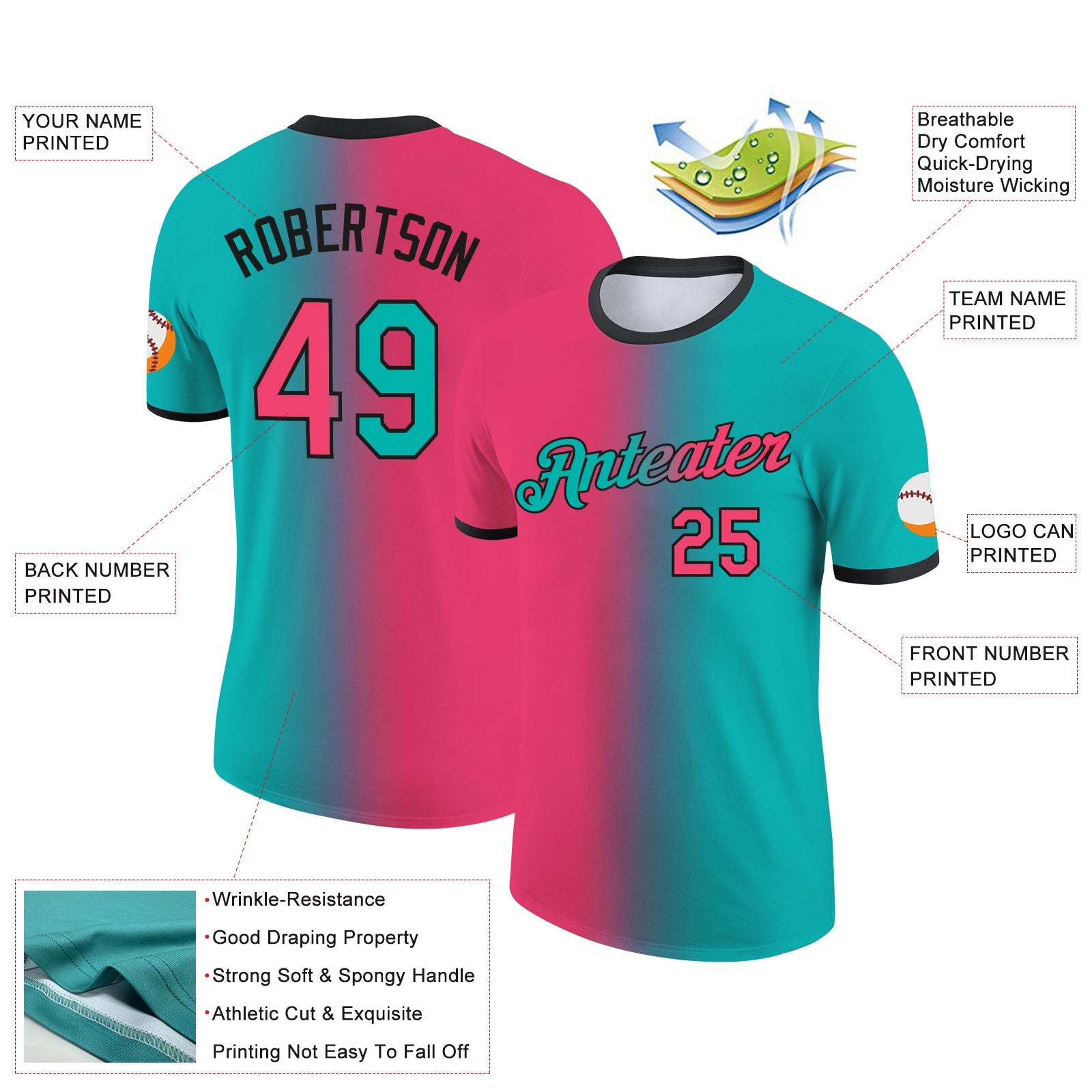 Custom Aqua Neon Pink-Black Gradient Fashion Performance T-Shirt view 2