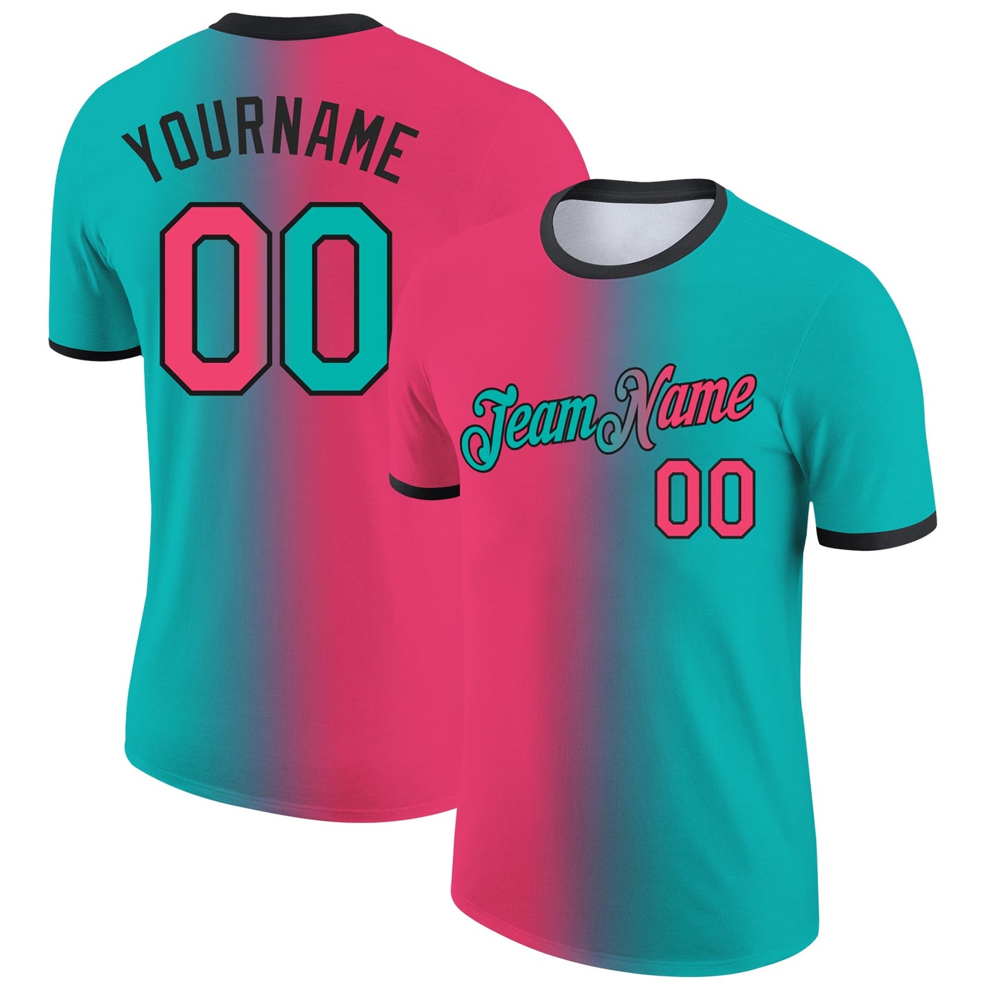 Custom Aqua Neon Pink-Black Gradient Fashion Performance T-Shirt - Main View