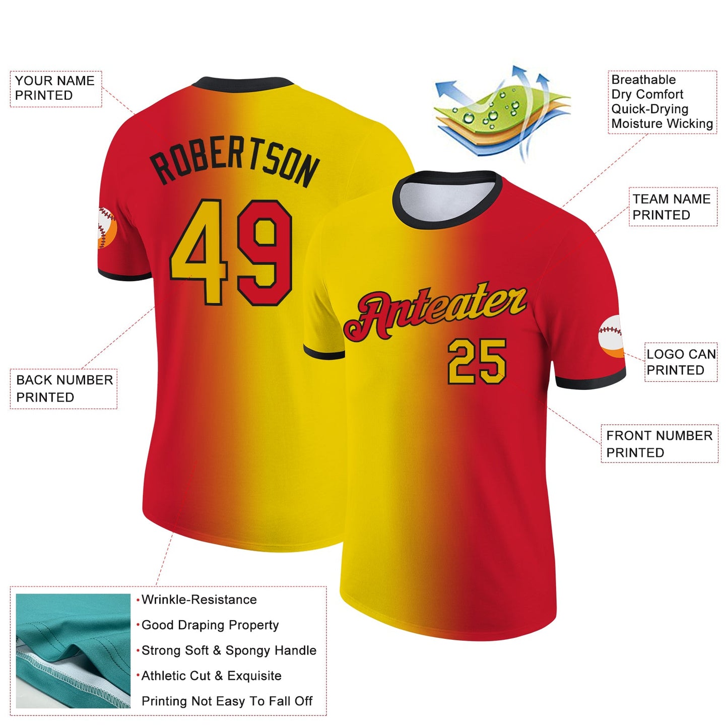 Custom Red Yellow-Black Gradient Fashion Performance T-Shirt view 2