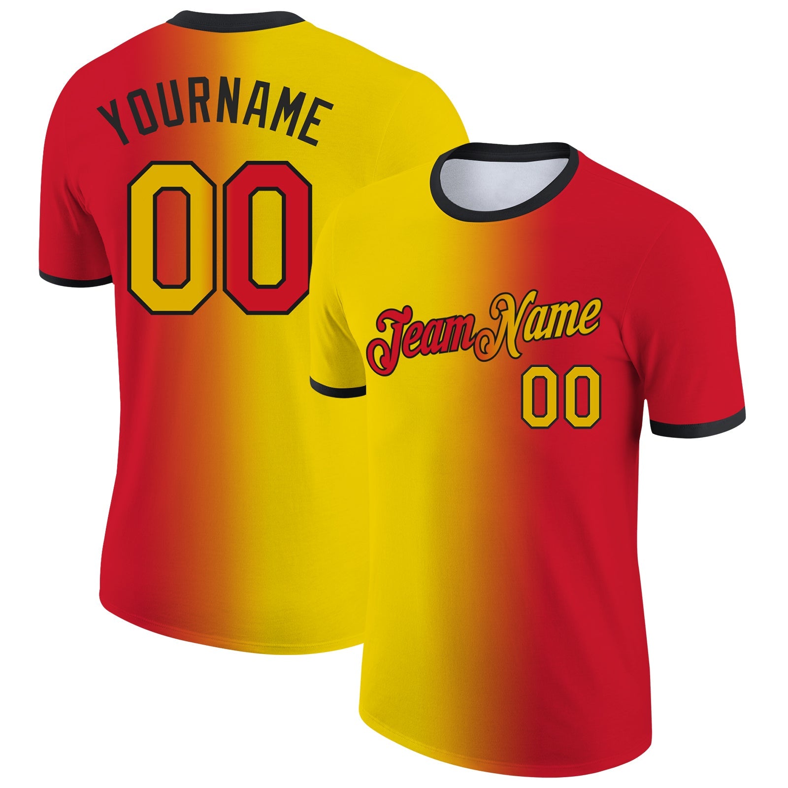Custom Red Yellow-Black Gradient Fashion Performance T-Shirt - Main View