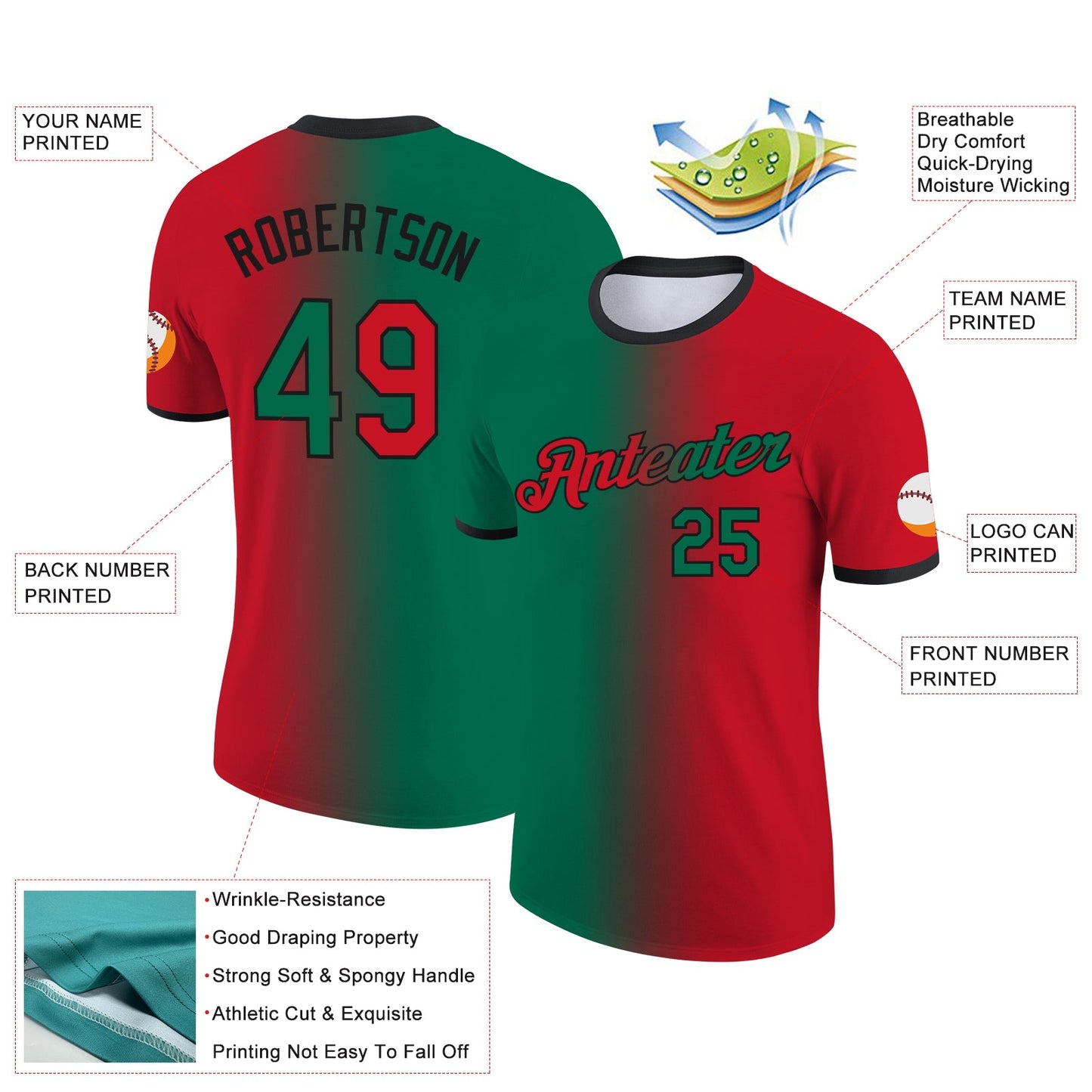 Custom Red Kelly Green-Black Gradient Fashion Performance T-Shirt view 2