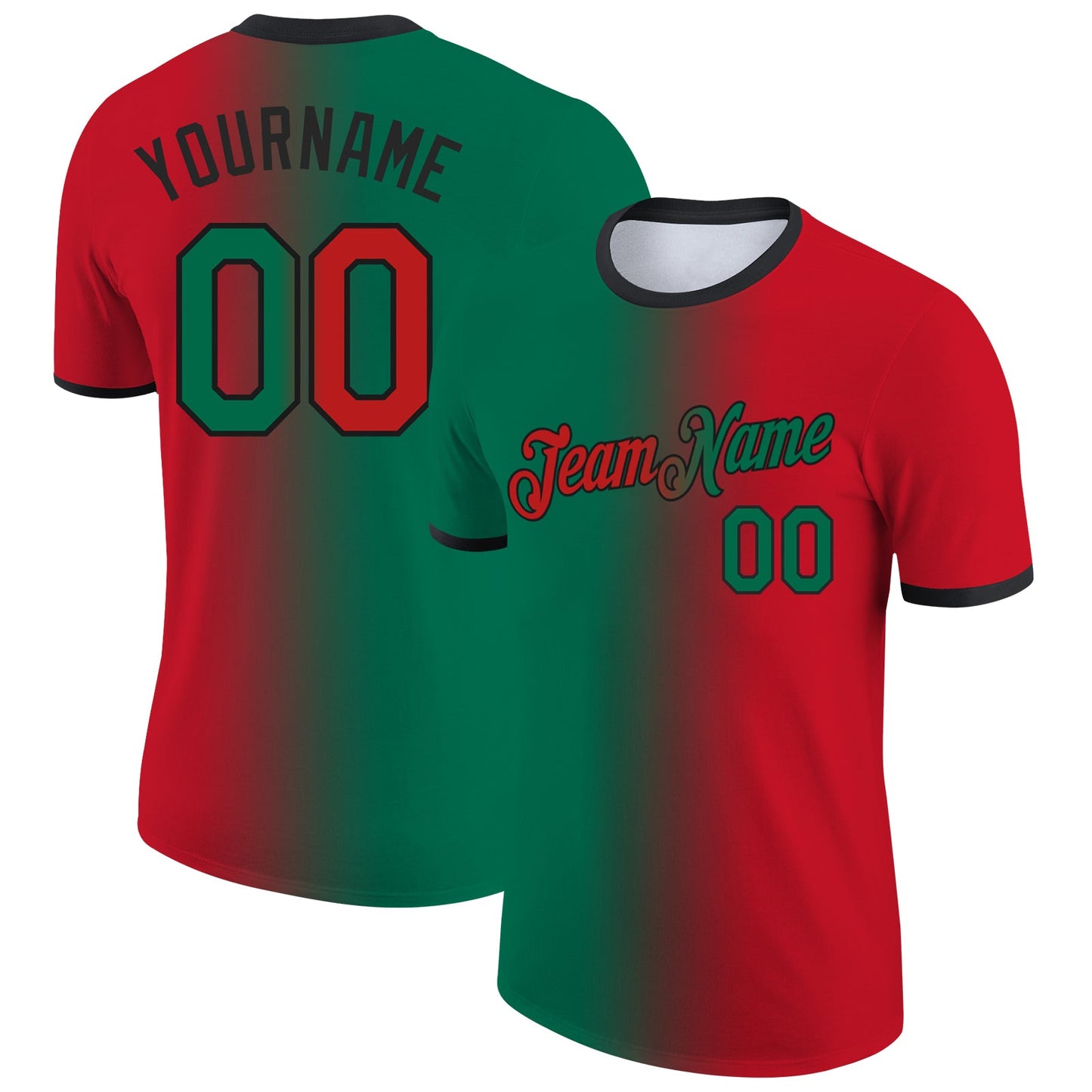 Custom Red Kelly Green-Black Gradient Fashion Performance T-Shirt - Main View