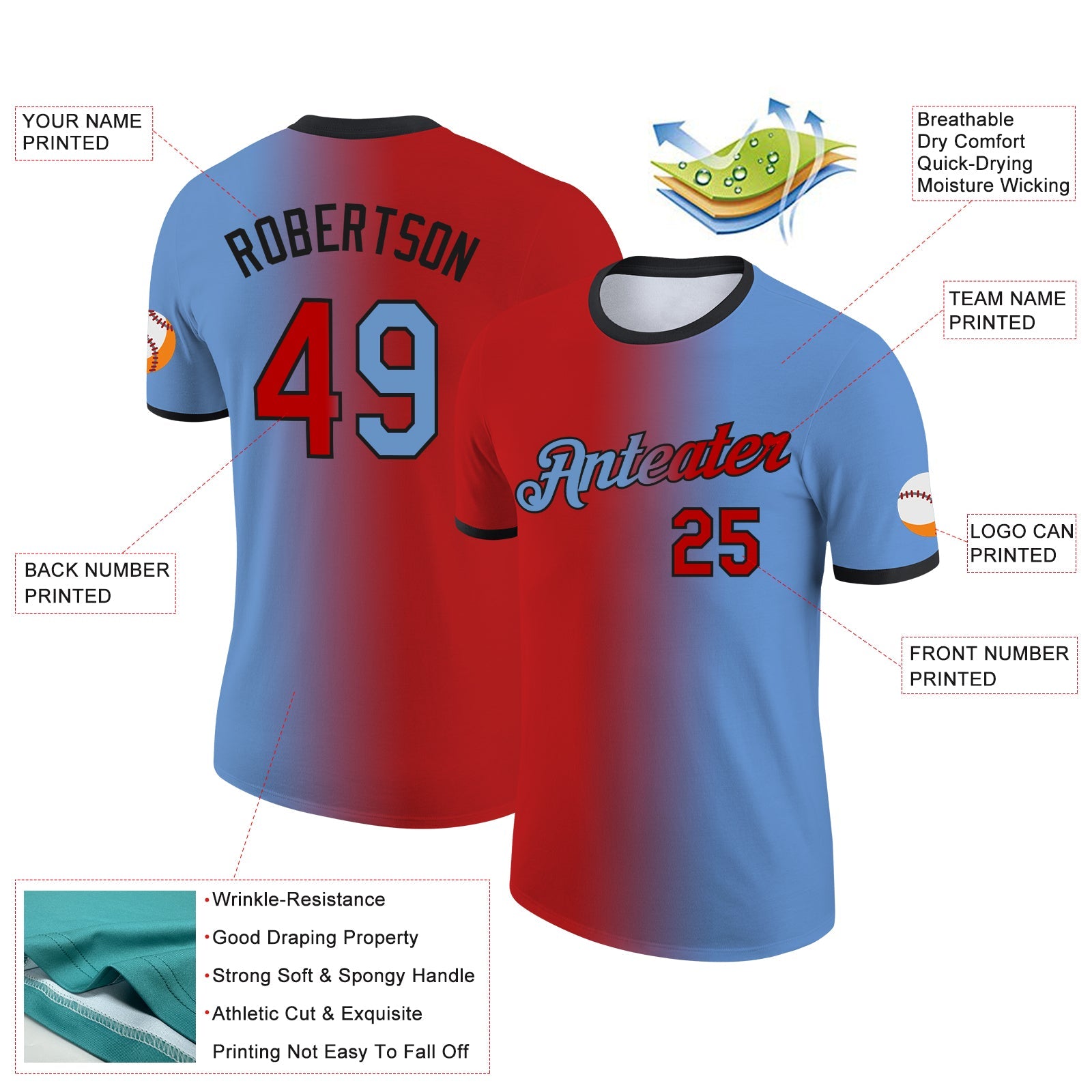 Custom Light Blue Red-Black Gradient Fashion Performance T-Shirt view 2