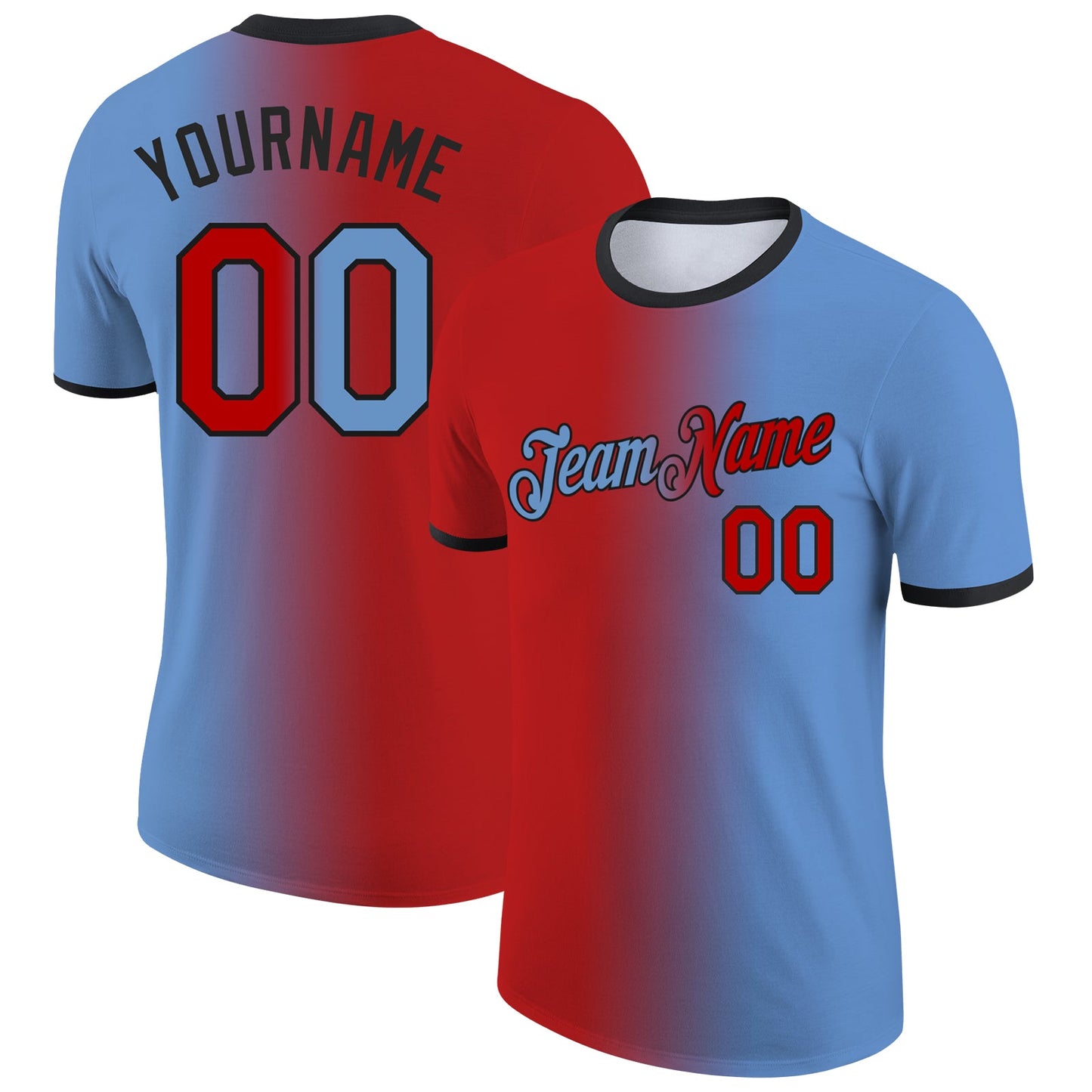 Custom Light Blue Red-Black Gradient Fashion Performance T-Shirt - Main View