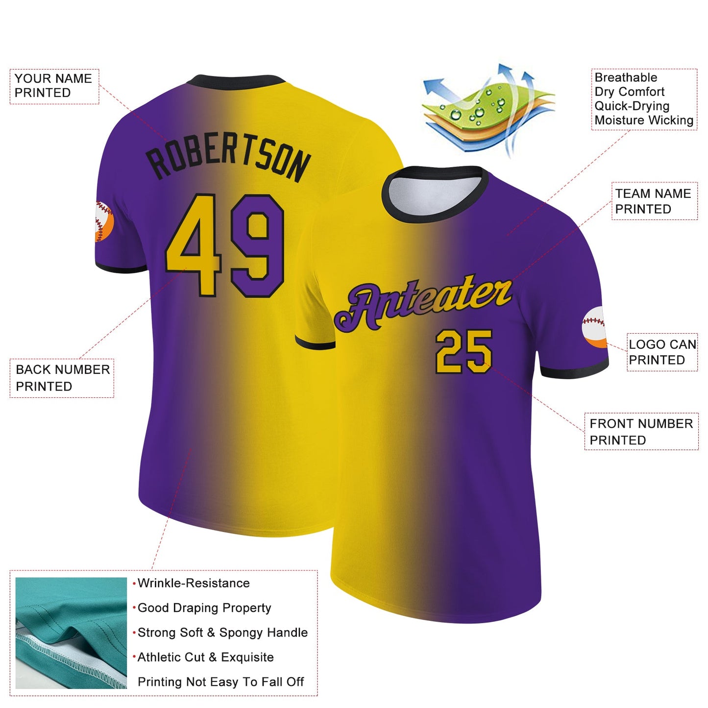 Custom Purple Yellow-Black Gradient Fashion Performance T-Shirt view 2