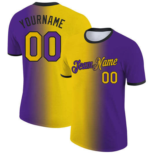 Custom Purple Yellow-Black Gradient Fashion Performance T-Shirt - Main View