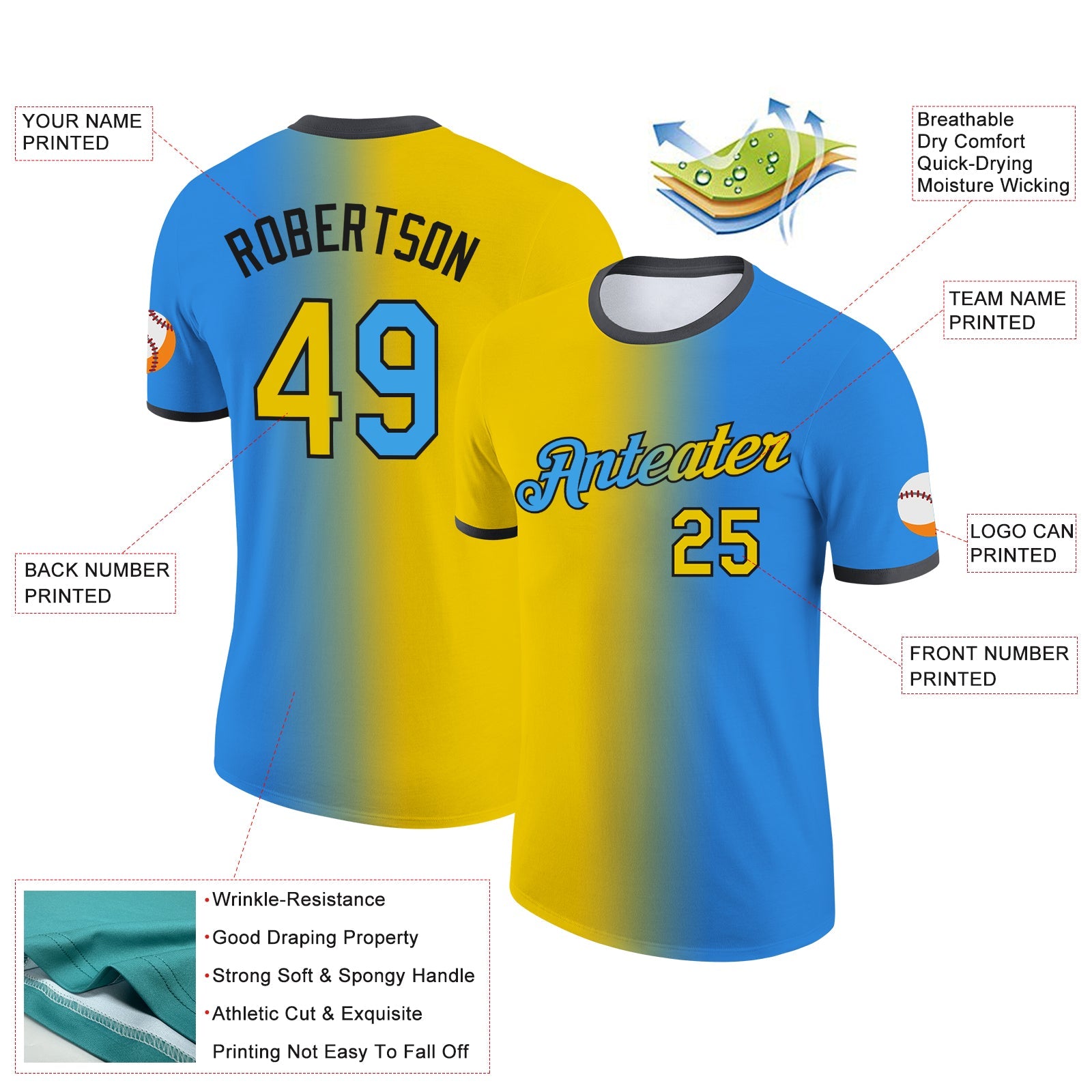 Custom Powder Blue Yellow-Black Gradient Fashion Performance T-Shirt view 2