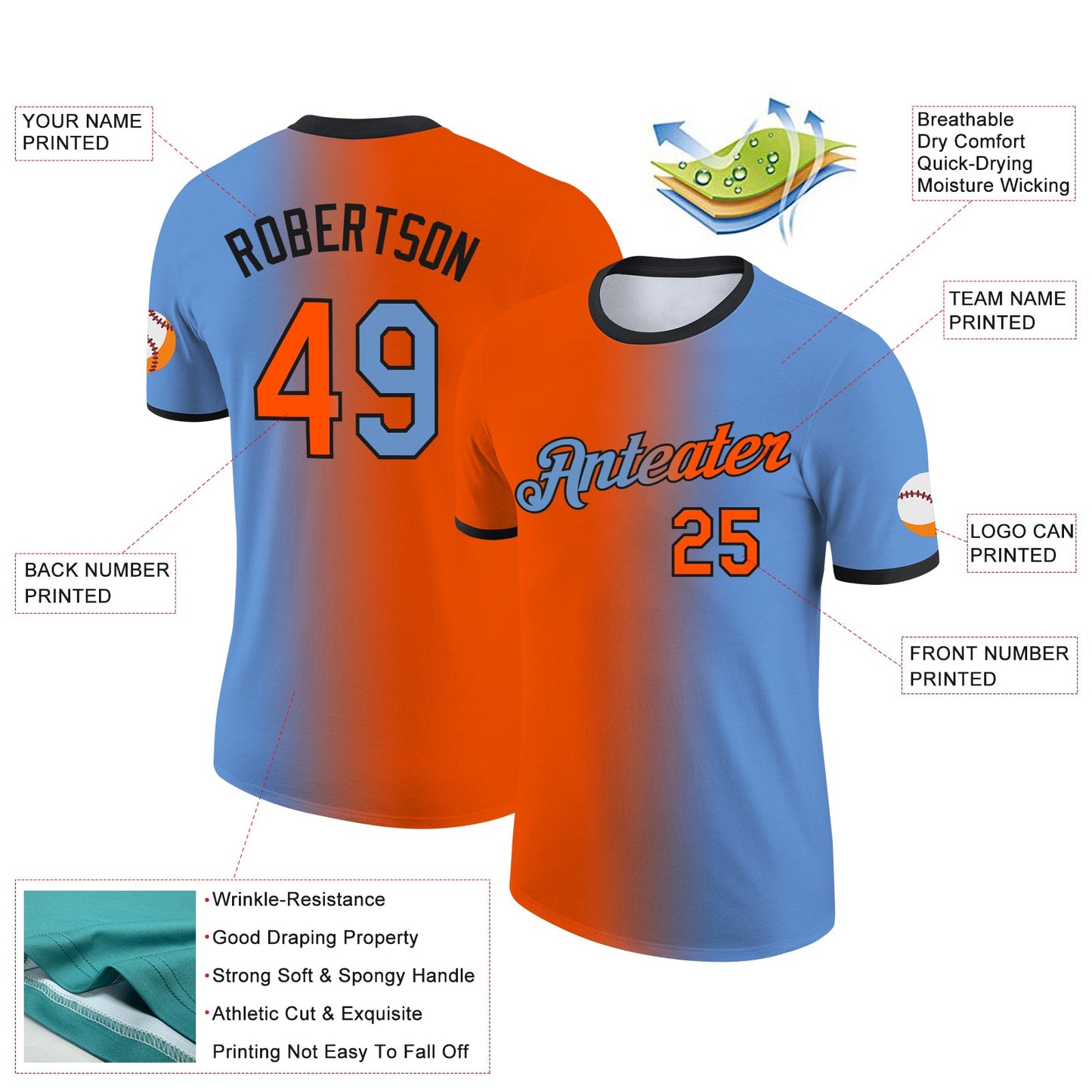 Custom Light Blue Orange-Black Gradient Fashion Performance T-Shirt view 2
