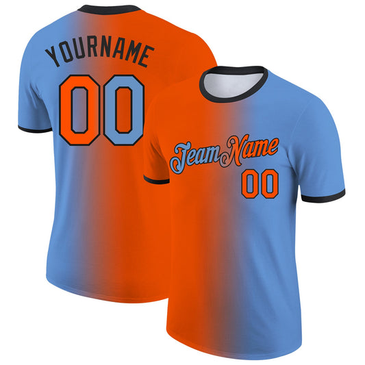 Custom Light Blue Orange-Black Gradient Fashion Performance T-Shirt - Main View