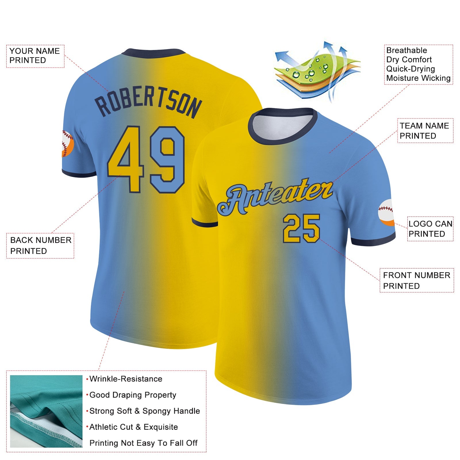 Custom Light Blue Yellow-Navy Gradient Fashion Performance T-Shirt view 2