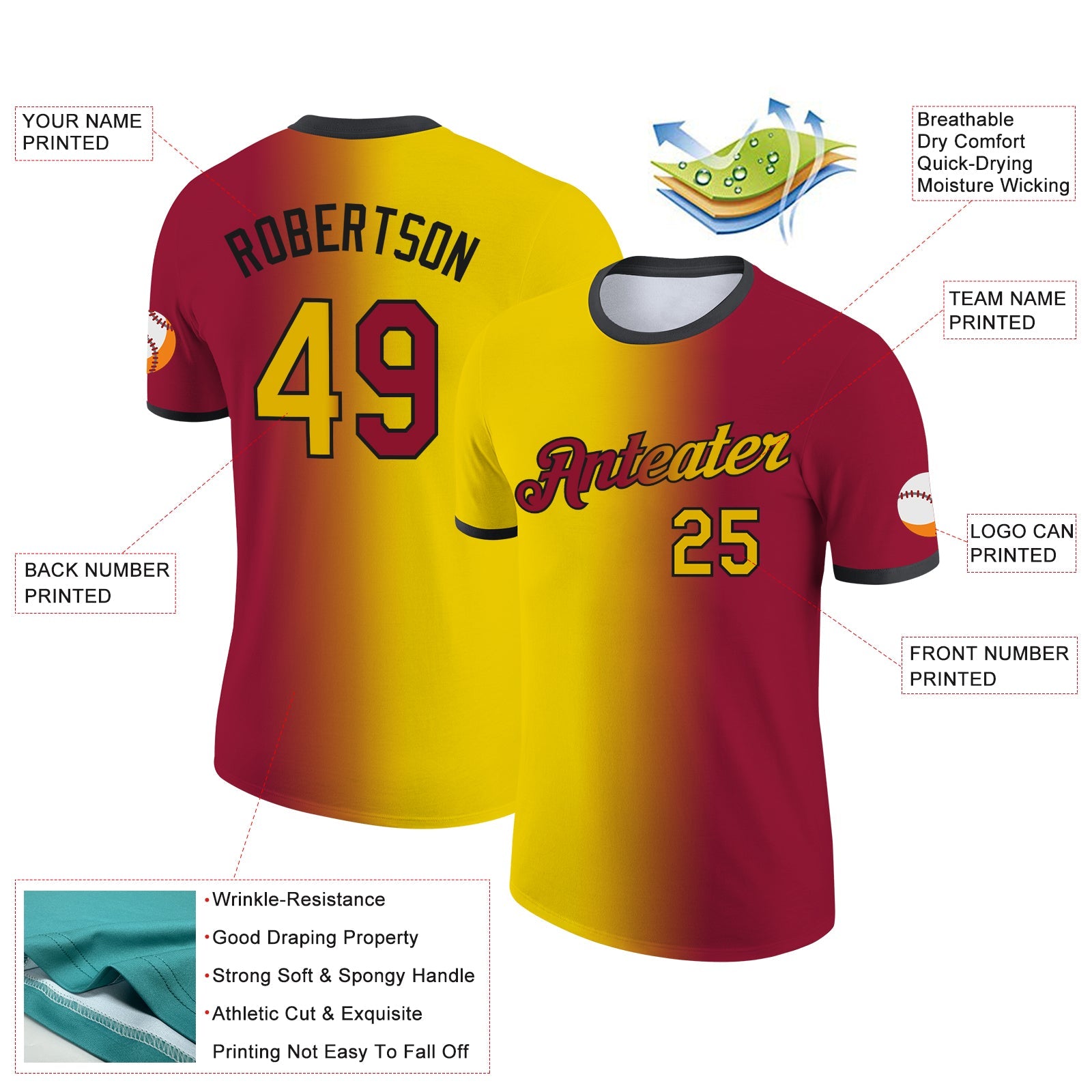 Custom Crimson Yellow-Black Gradient Fashion Performance T-Shirt view 2