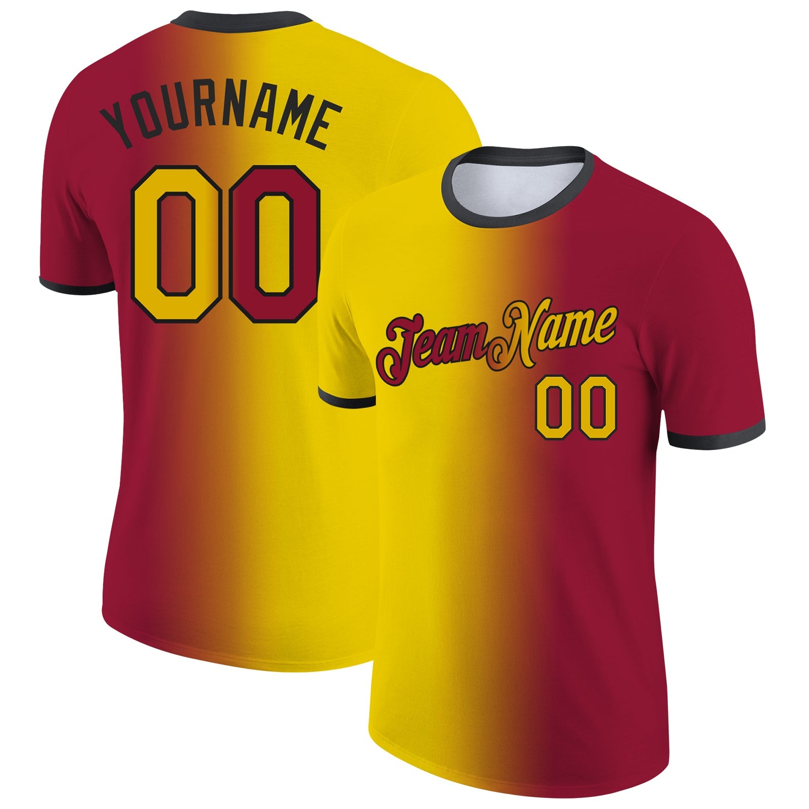 Custom Crimson Yellow-Black Gradient Fashion Performance T-Shirt - Main View