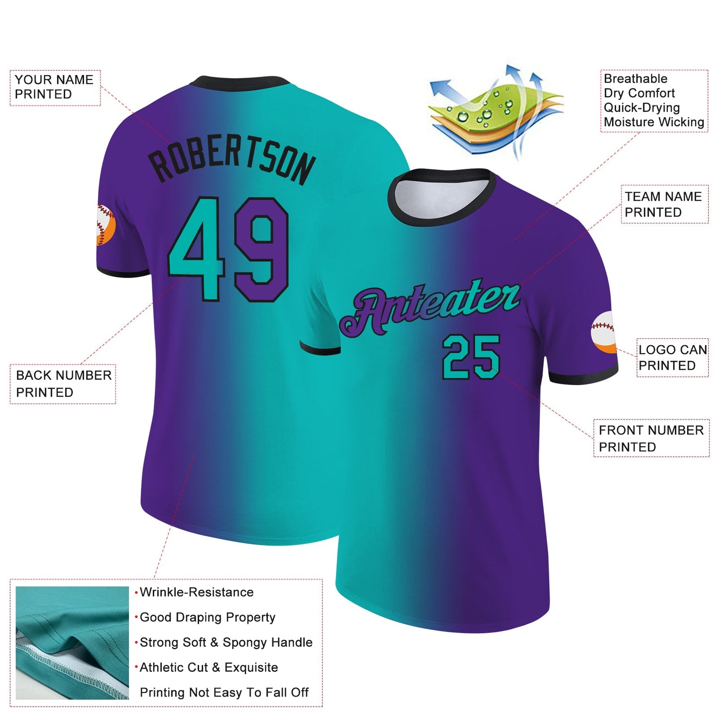 Custom Purple Aqua-Black Gradient Fashion Performance T-Shirt view 2