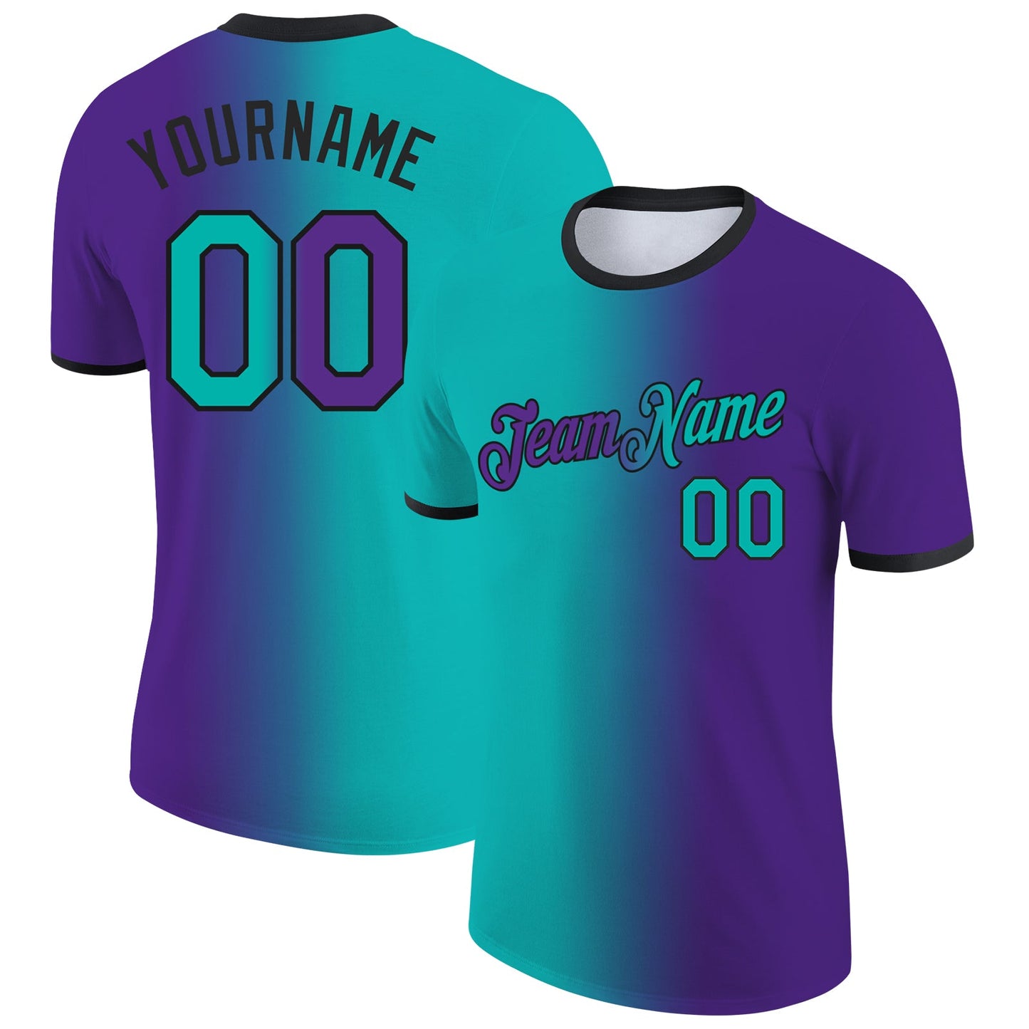 Custom Purple Aqua-Black Gradient Fashion Performance T-Shirt - Main View