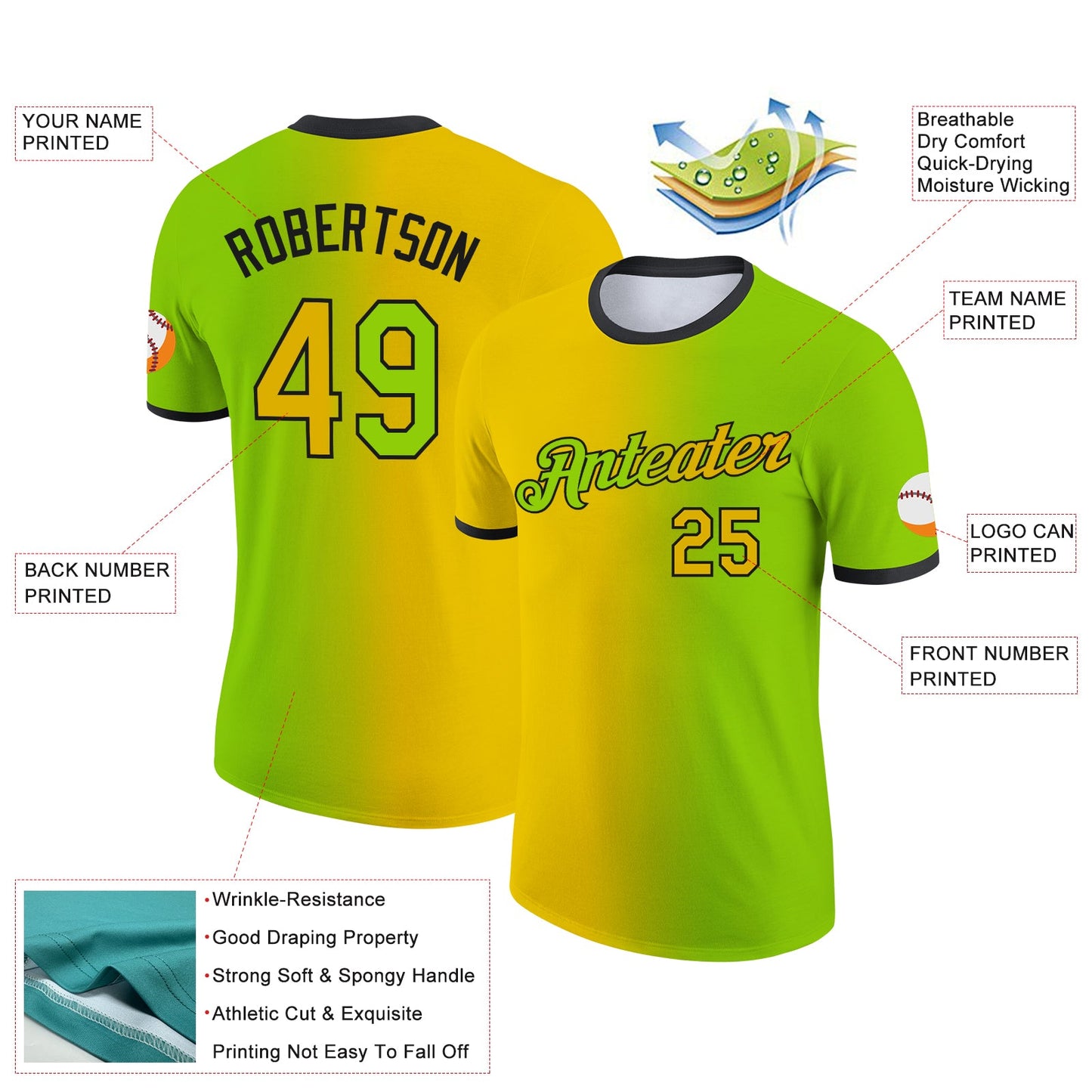 Custom Neon Green Yellow-Black Gradient Fashion Performance T-Shirt view 2