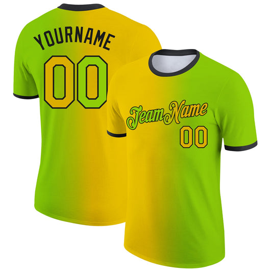 Custom Neon Green Yellow-Black Gradient Fashion Performance T-Shirt - Main View
