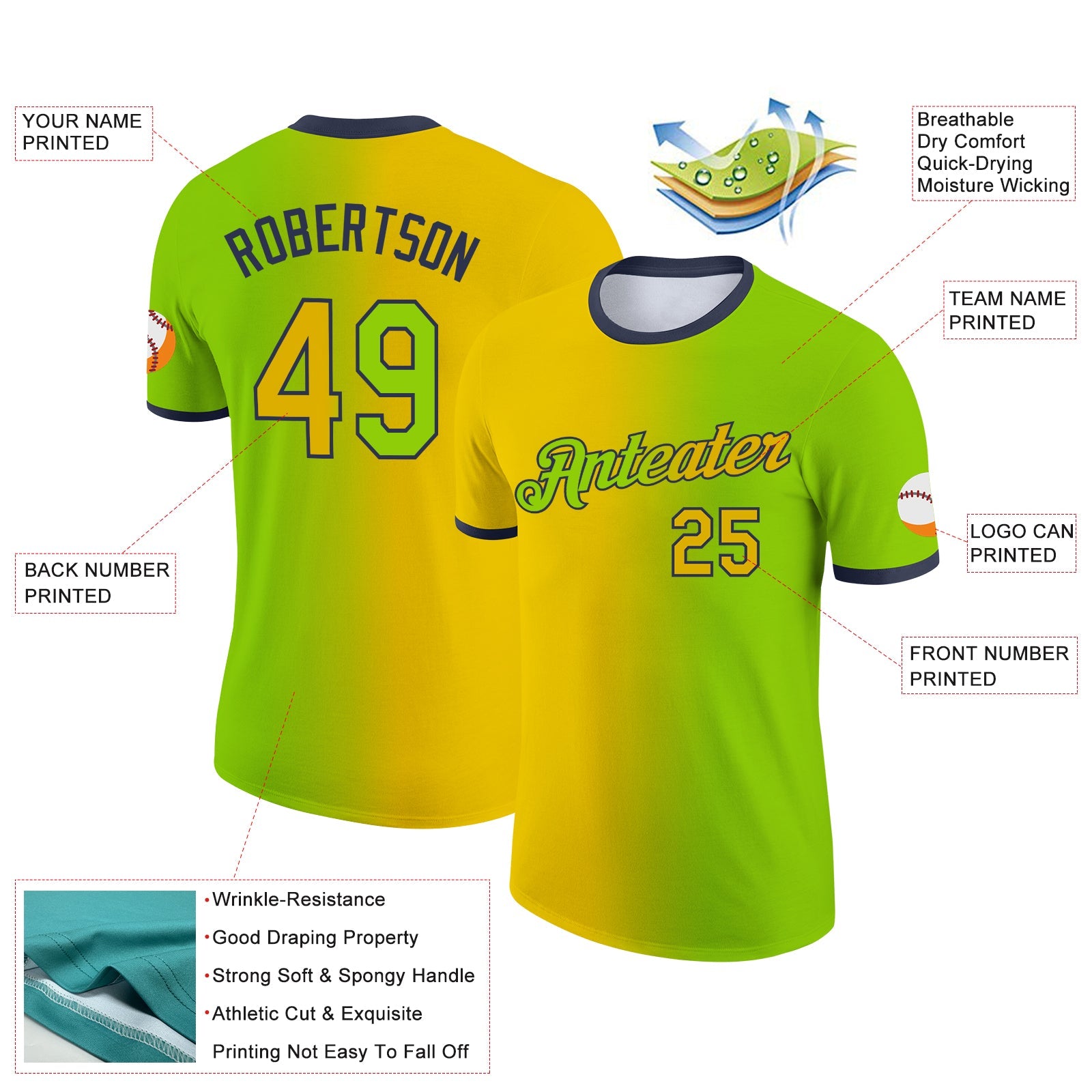 Custom Neon Green Yellow-Navy Gradient Fashion Performance T-Shirt view 2