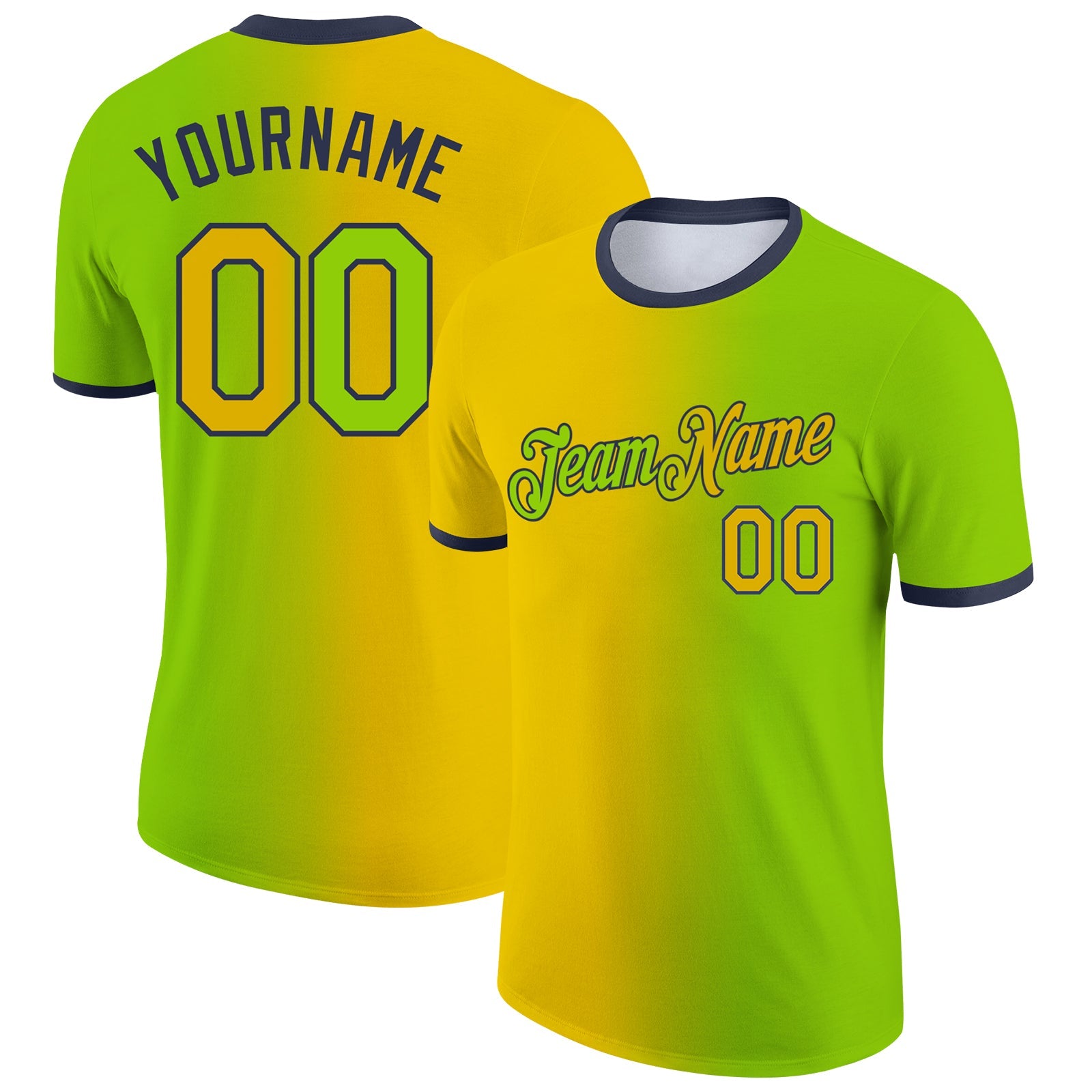 Custom Neon Green Yellow-Navy Gradient Fashion Performance T-Shirt - Main View