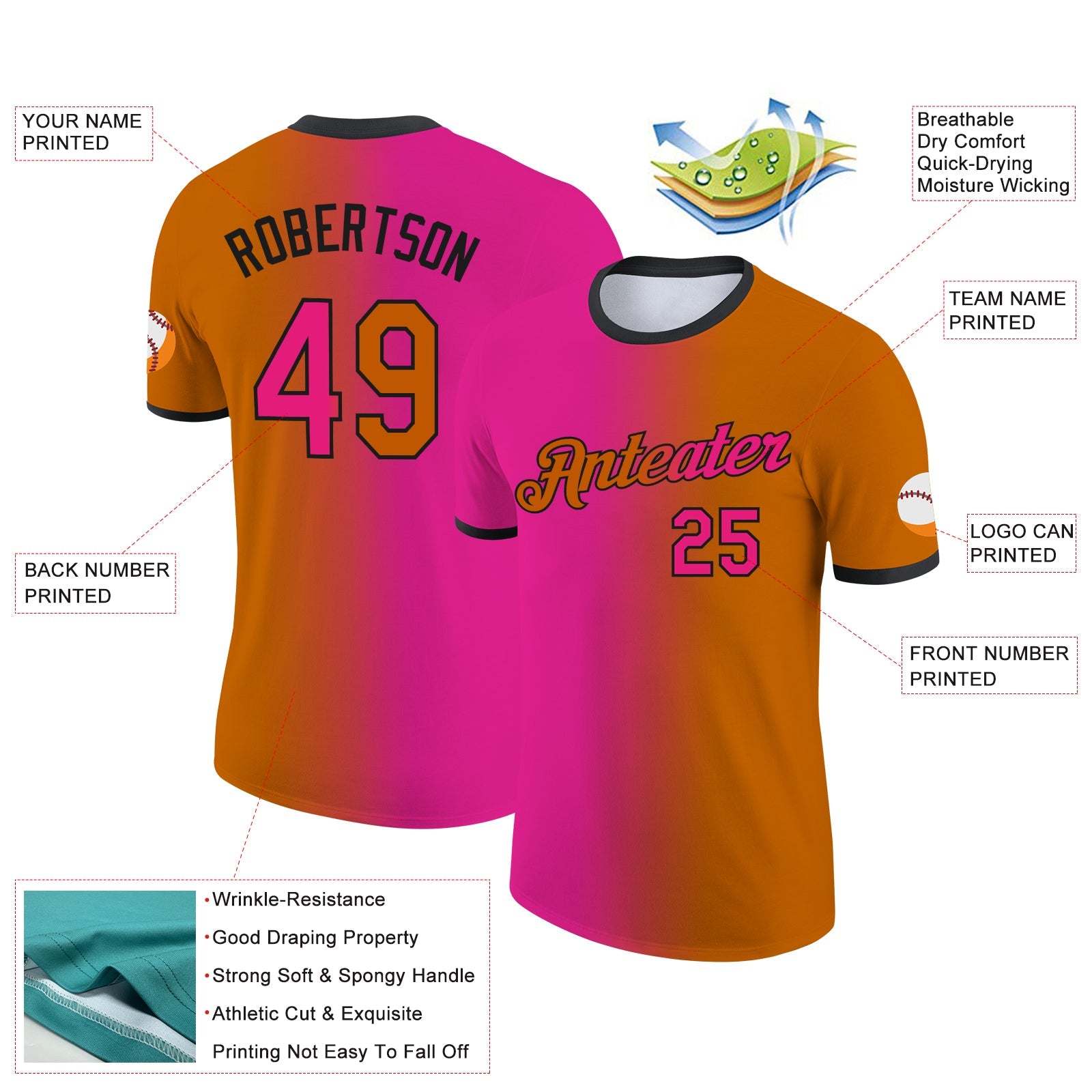 Custom Texas Orange Hot Pink-Black Gradient Fashion Performance T-Shirt view 2
