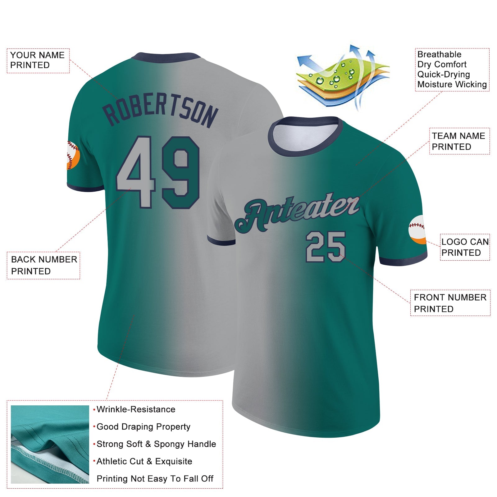 Custom Teal Gray-Navy Gradient Fashion Performance T-Shirt view 2