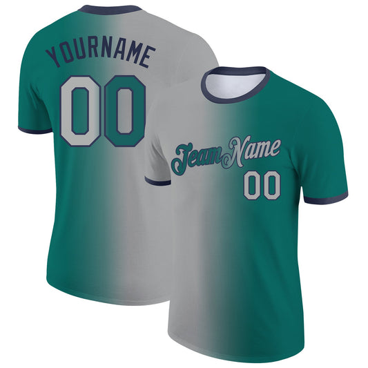 Custom Teal Gray-Navy Gradient Fashion Performance T-Shirt - Main View