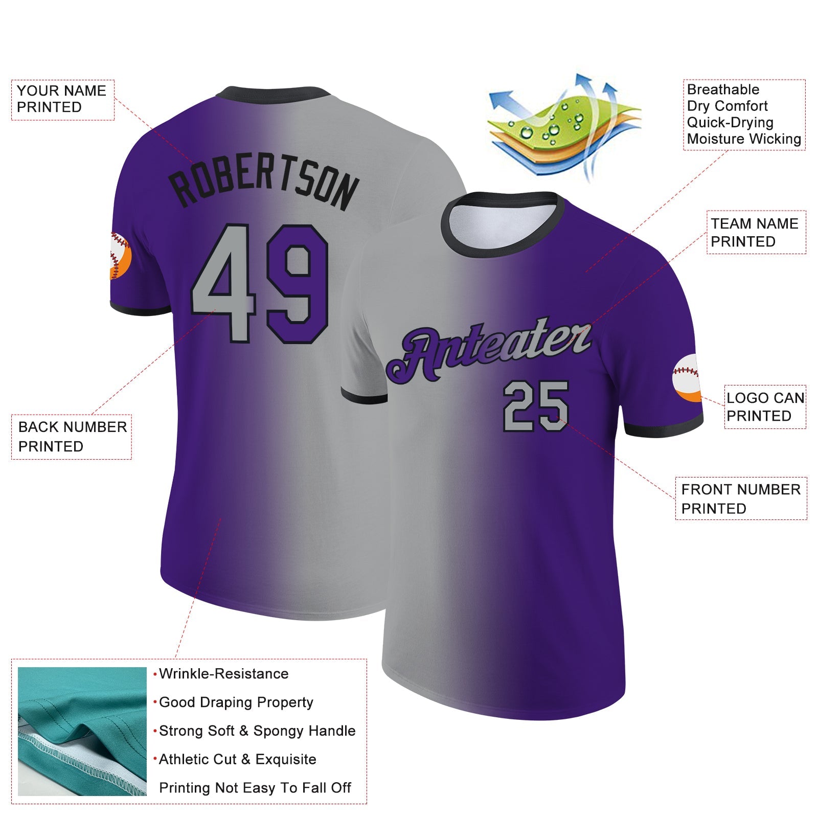 Custom Purple Gray-Black Gradient Fashion Performance T-Shirt view 2
