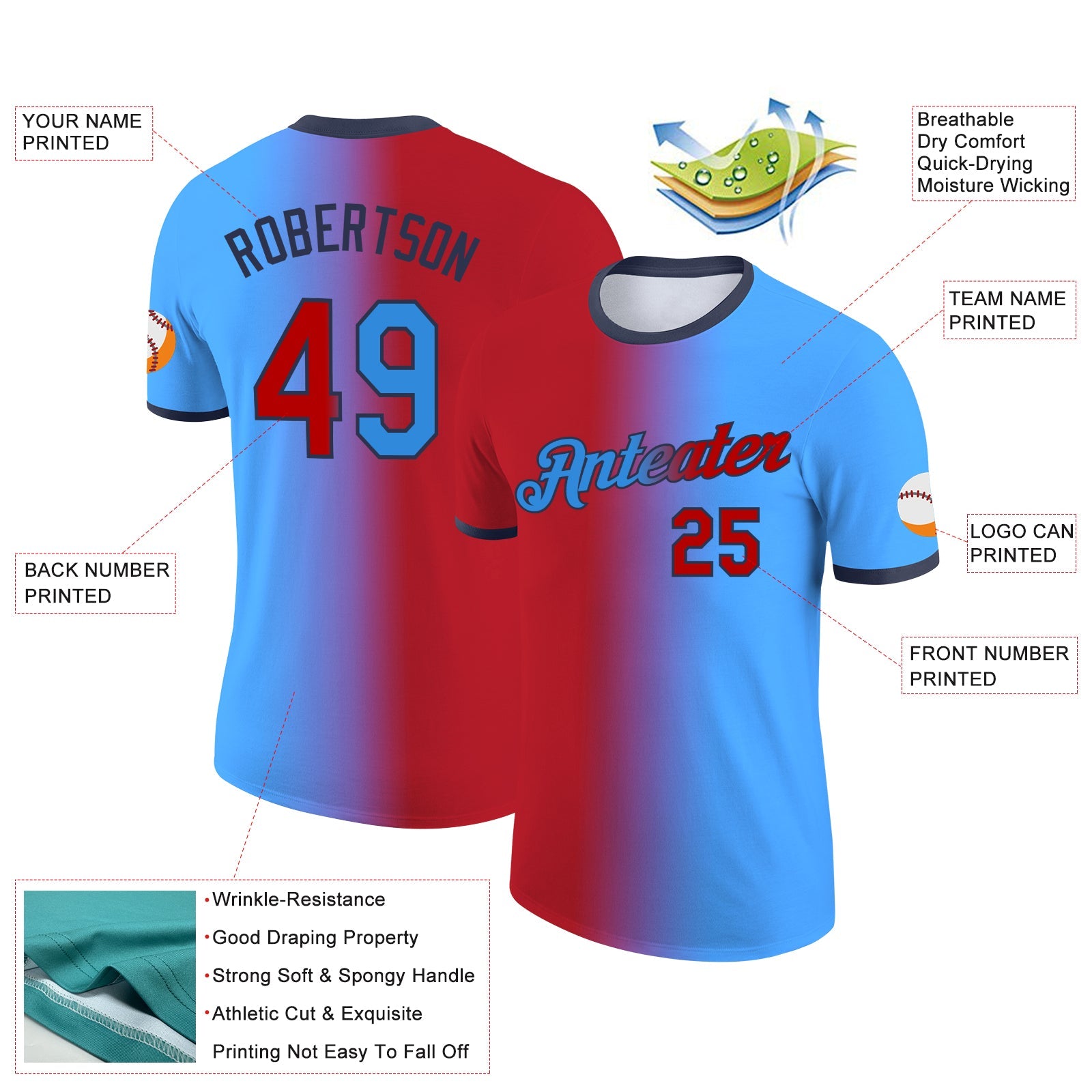 Custom Powder Blue Red-Navy Gradient Fashion Performance T-Shirt view 2