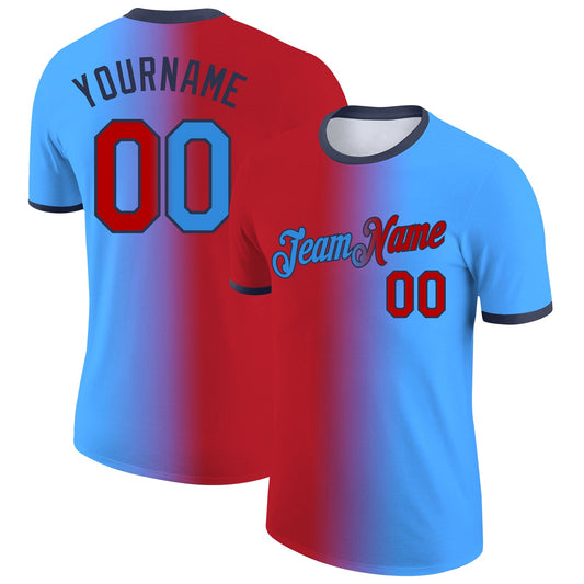 Custom Powder Blue Red-Navy Gradient Fashion Performance T-Shirt - Main View