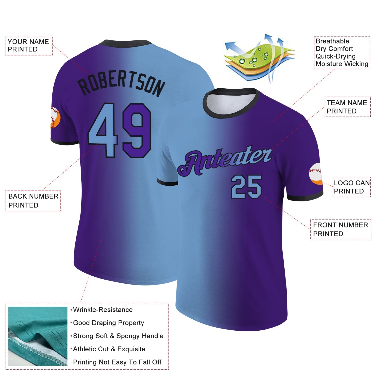 Custom Purple Light Blue-Black Gradient Fashion Performance T-Shirt view 2