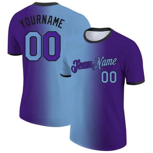 Custom Purple Light Blue-Black Gradient Fashion Performance T-Shirt - Main View