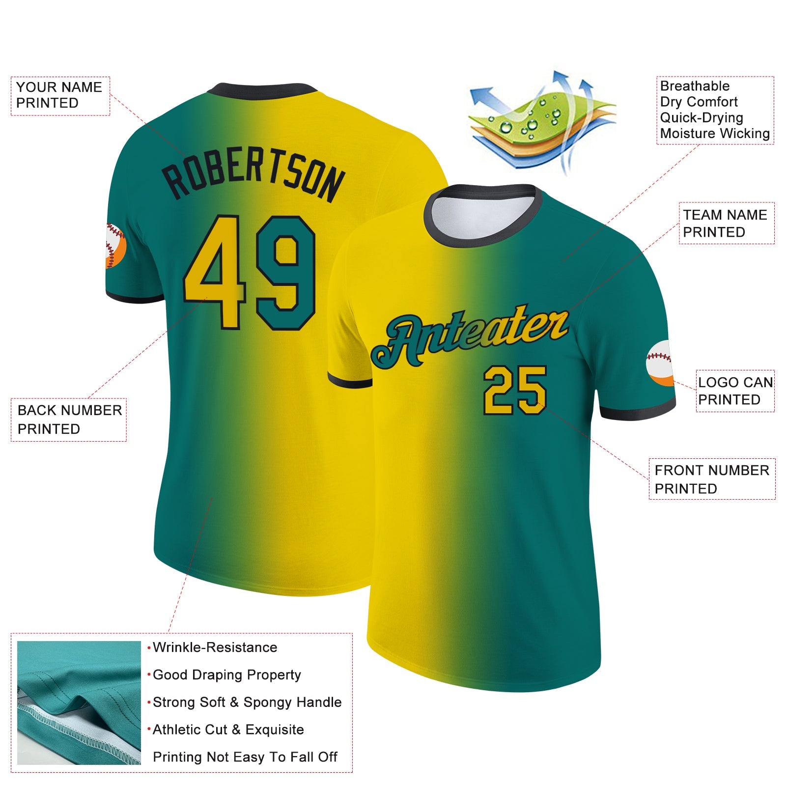 Custom Teal Yellow-Black Gradient Fashion Performance T-Shirt view 2