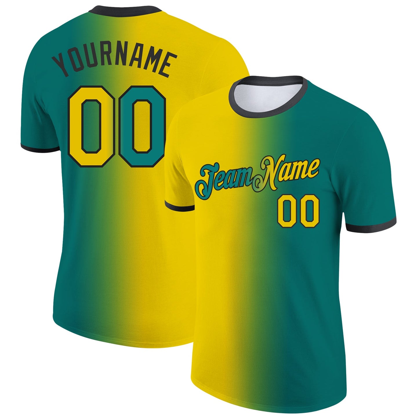 Custom Teal Yellow-Black Gradient Fashion Performance T-Shirt - Main View