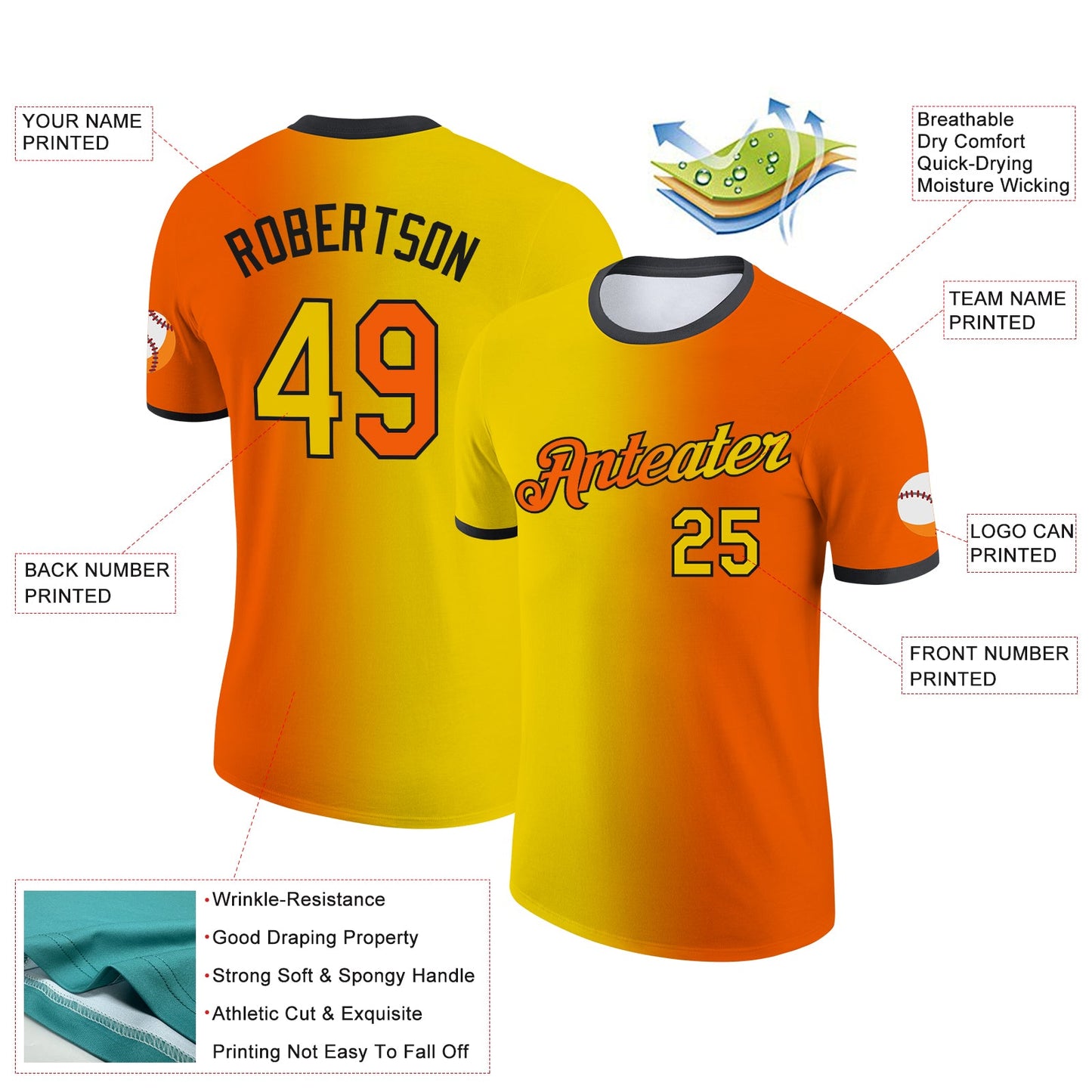 Custom Orange Yellow-Black Gradient Fashion Performance T-Shirt view 2