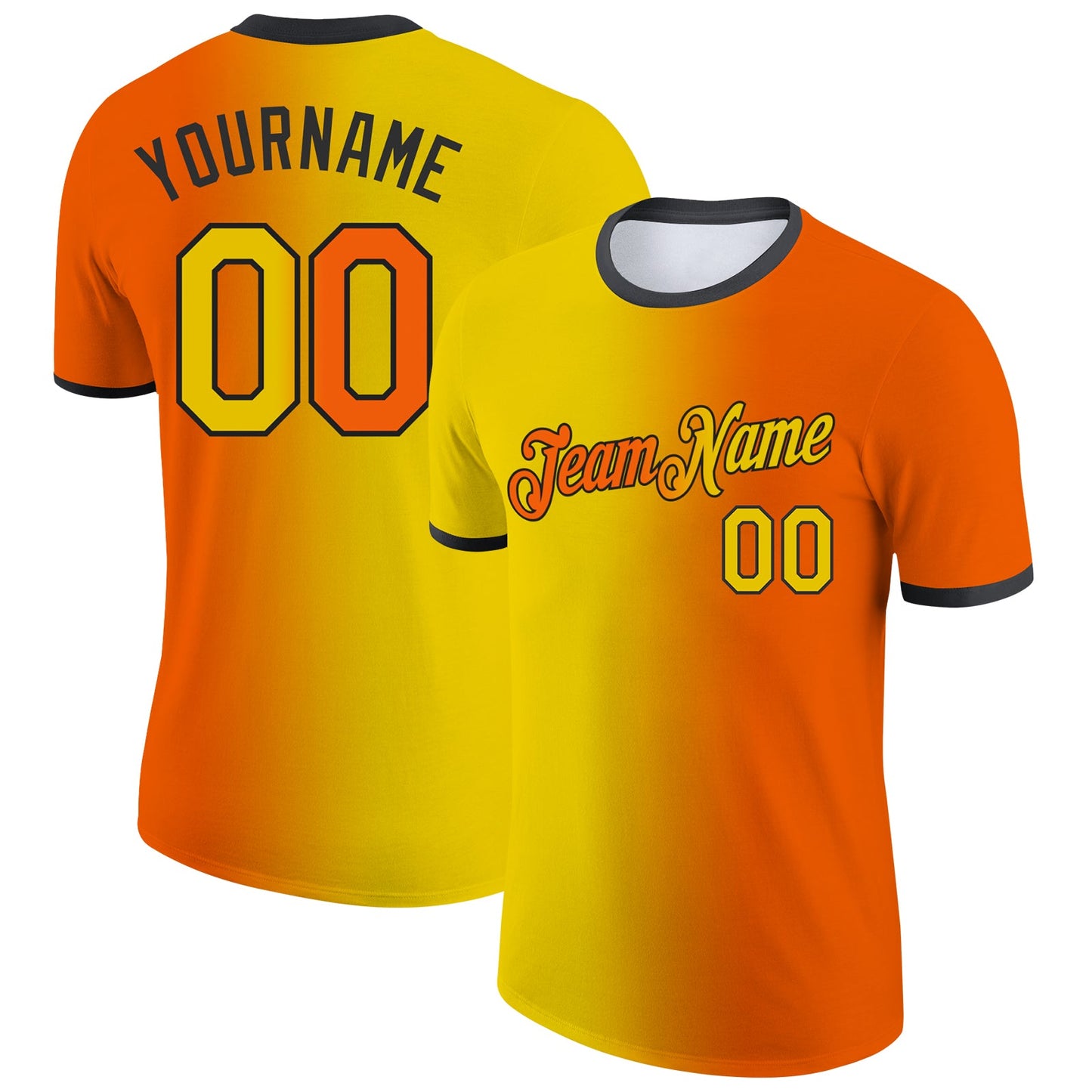 Custom Orange Yellow-Black Gradient Fashion Performance T-Shirt - Main View