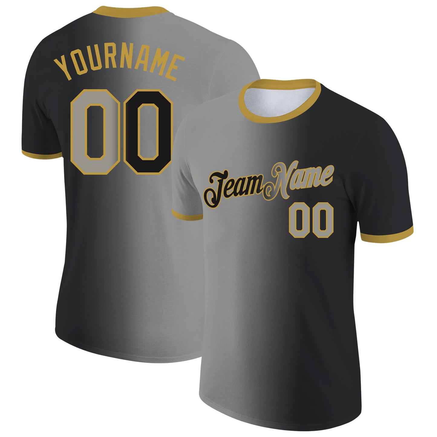 Custom Black Gray-Old Gold Gradient Fashion Performance T-Shirt - Main View