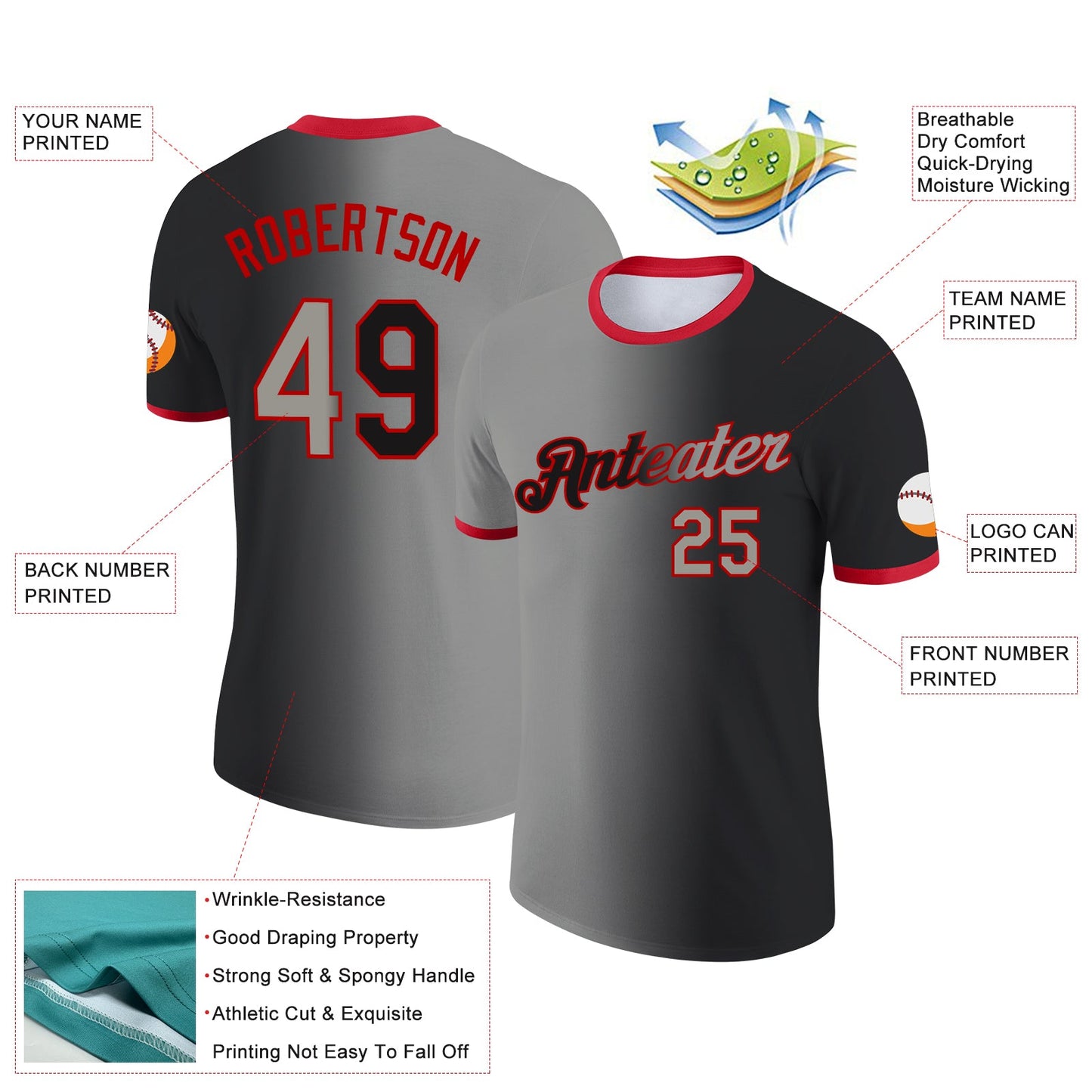 Custom Black Gray-Red Gradient Fashion Performance T-Shirt view 2