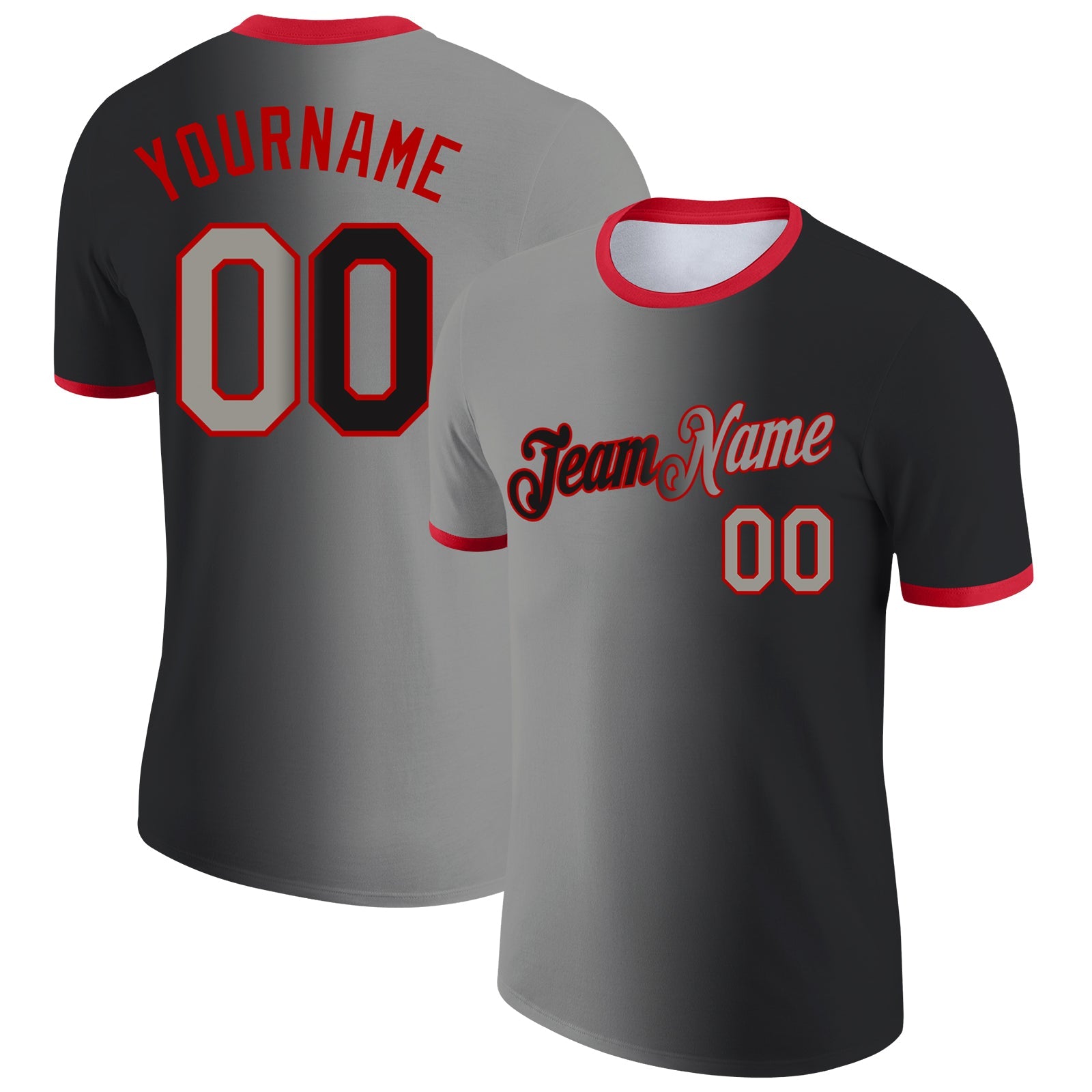 Custom Black Gray-Red Gradient Fashion Performance T-Shirt - Main View