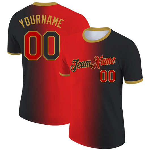 Custom Black Red-Old Gold Gradient Fashion Performance T-Shirt - Main View
