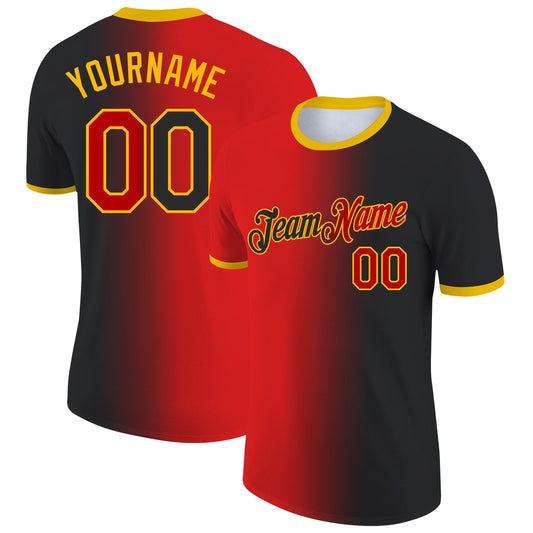 Custom Black Red-Gold Gradient Fashion Performance T-Shirt - Main View