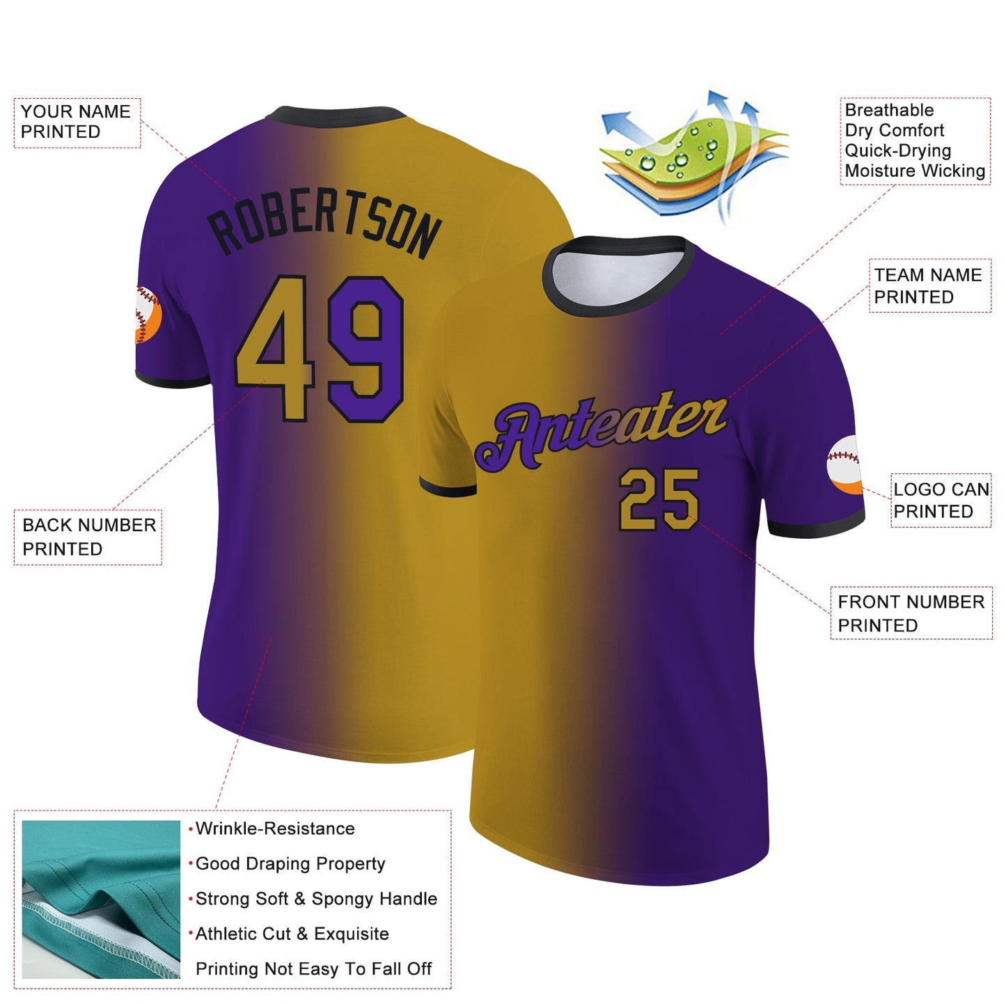 Custom Purple Old Gold-Black Gradient Fashion Performance T-Shirt view 2