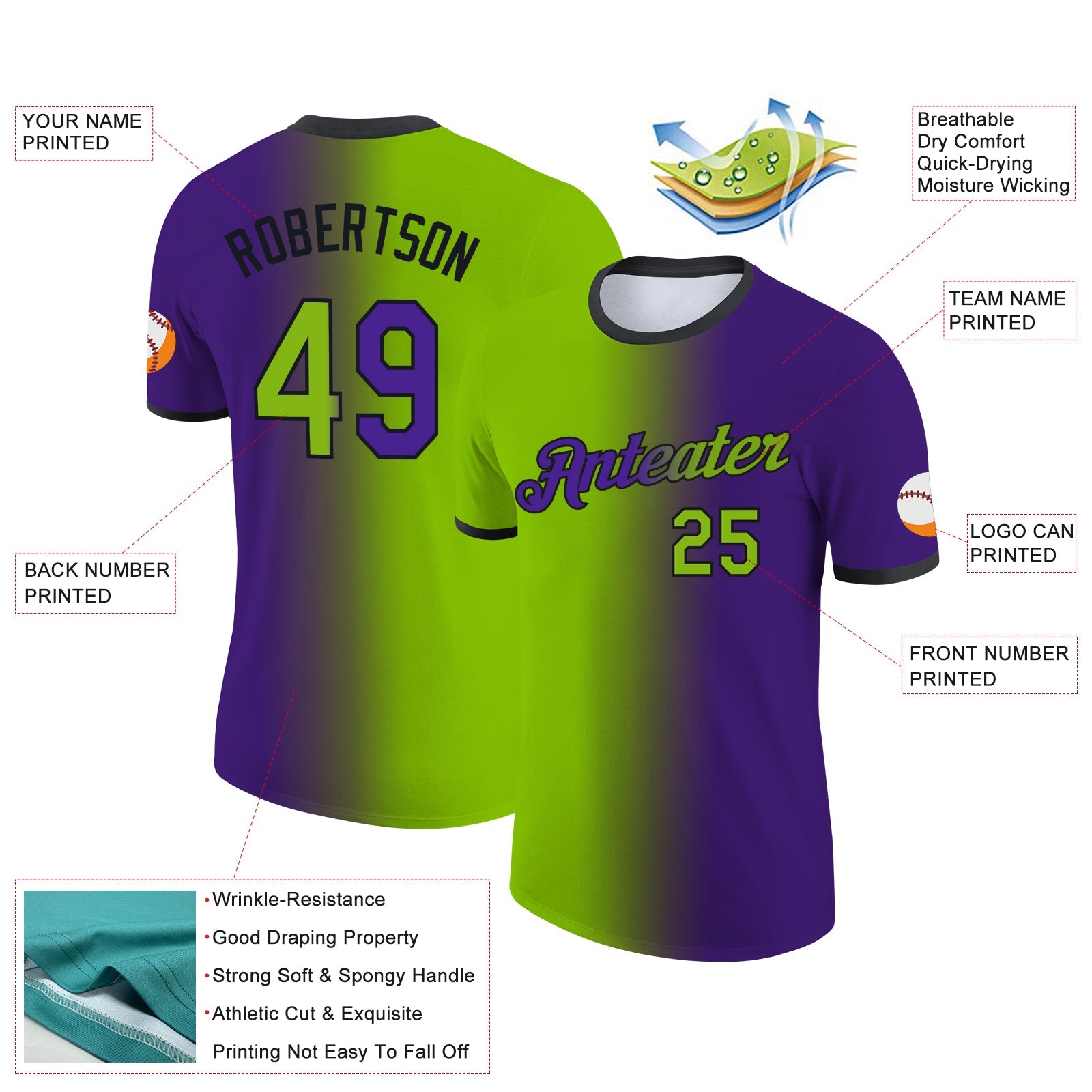 Custom Purple Neon Green-Black Gradient Fashion Performance T-Shirt view 2