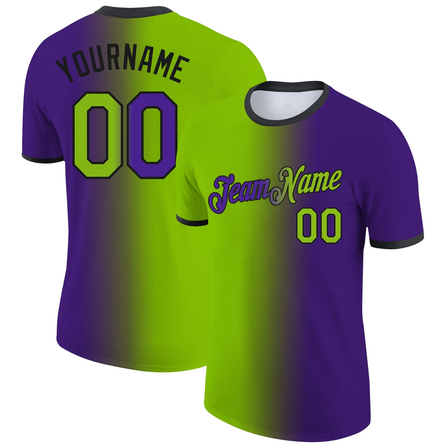 Custom Purple Neon Green-Black Gradient Fashion Performance T-Shirt - Main View