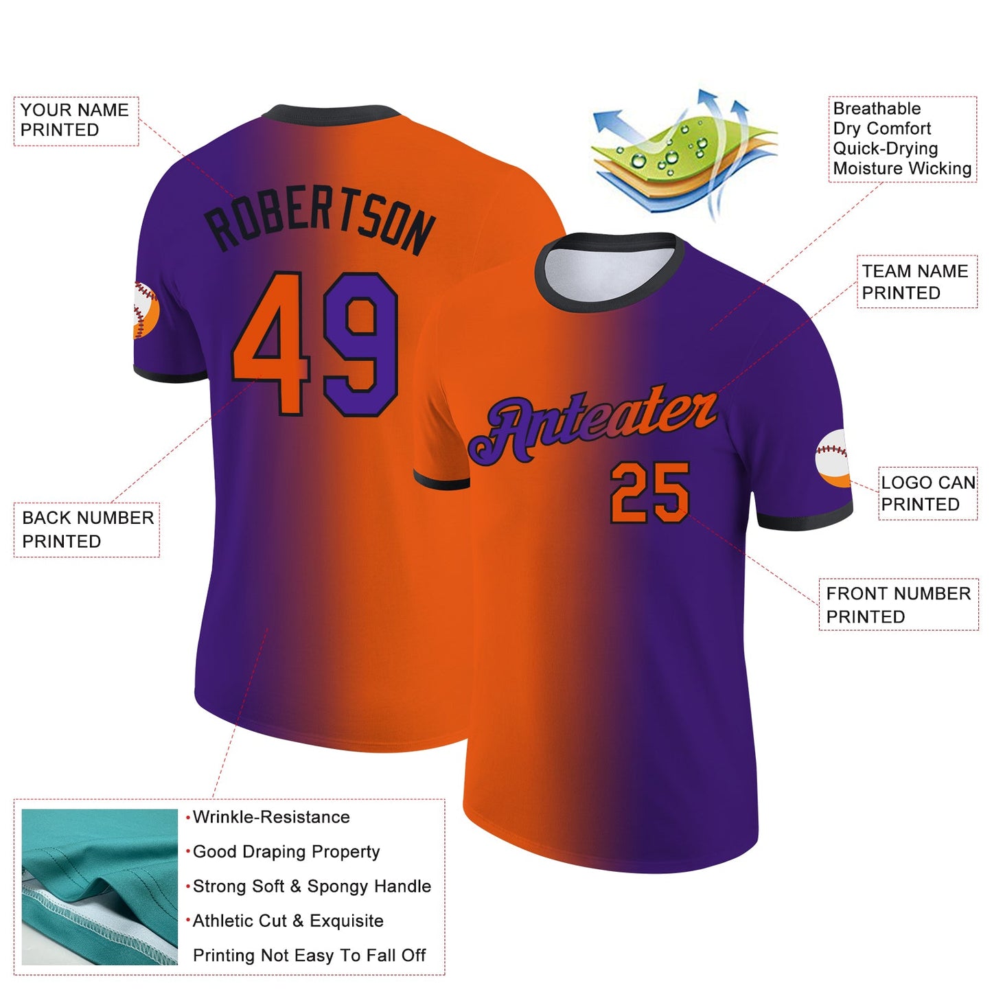 Custom Purple Orange-Black Gradient Fashion Performance T-Shirt view 2