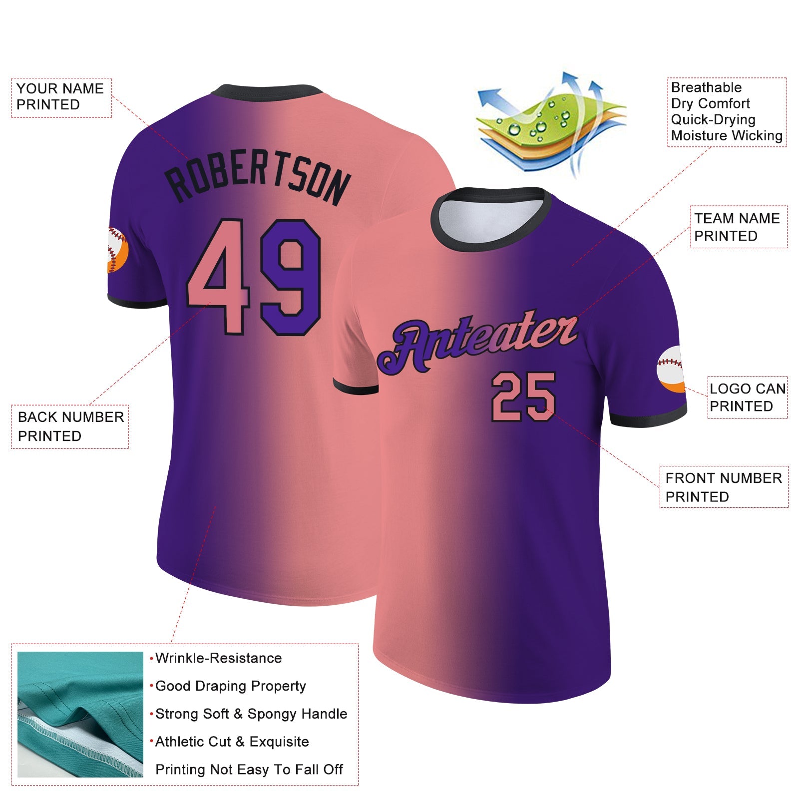 Custom Purple Medium Pink-Black Gradient Fashion Performance T-Shirt view 2