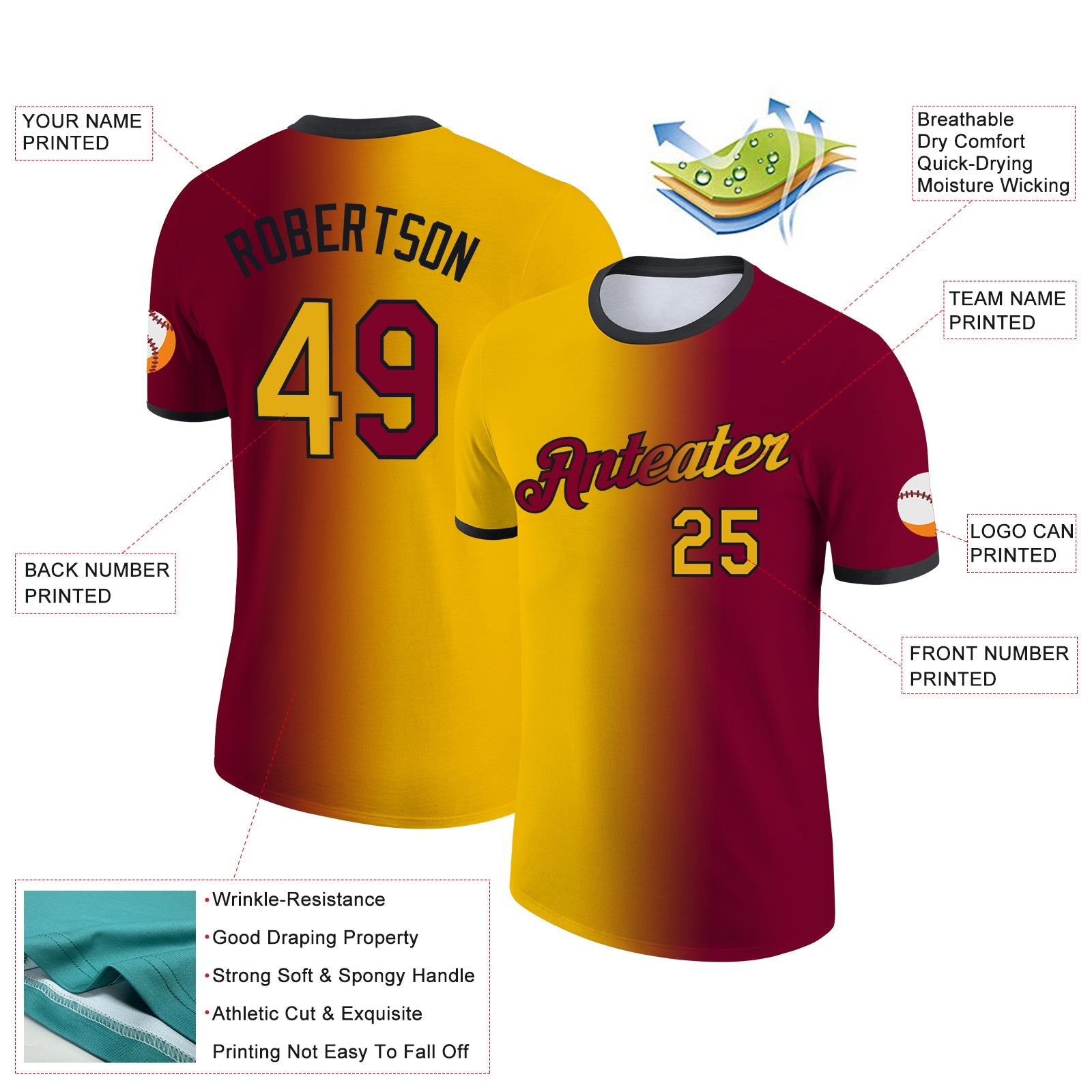 Custom Maroon Gold-Black Gradient Fashion Performance T-Shirt view 2