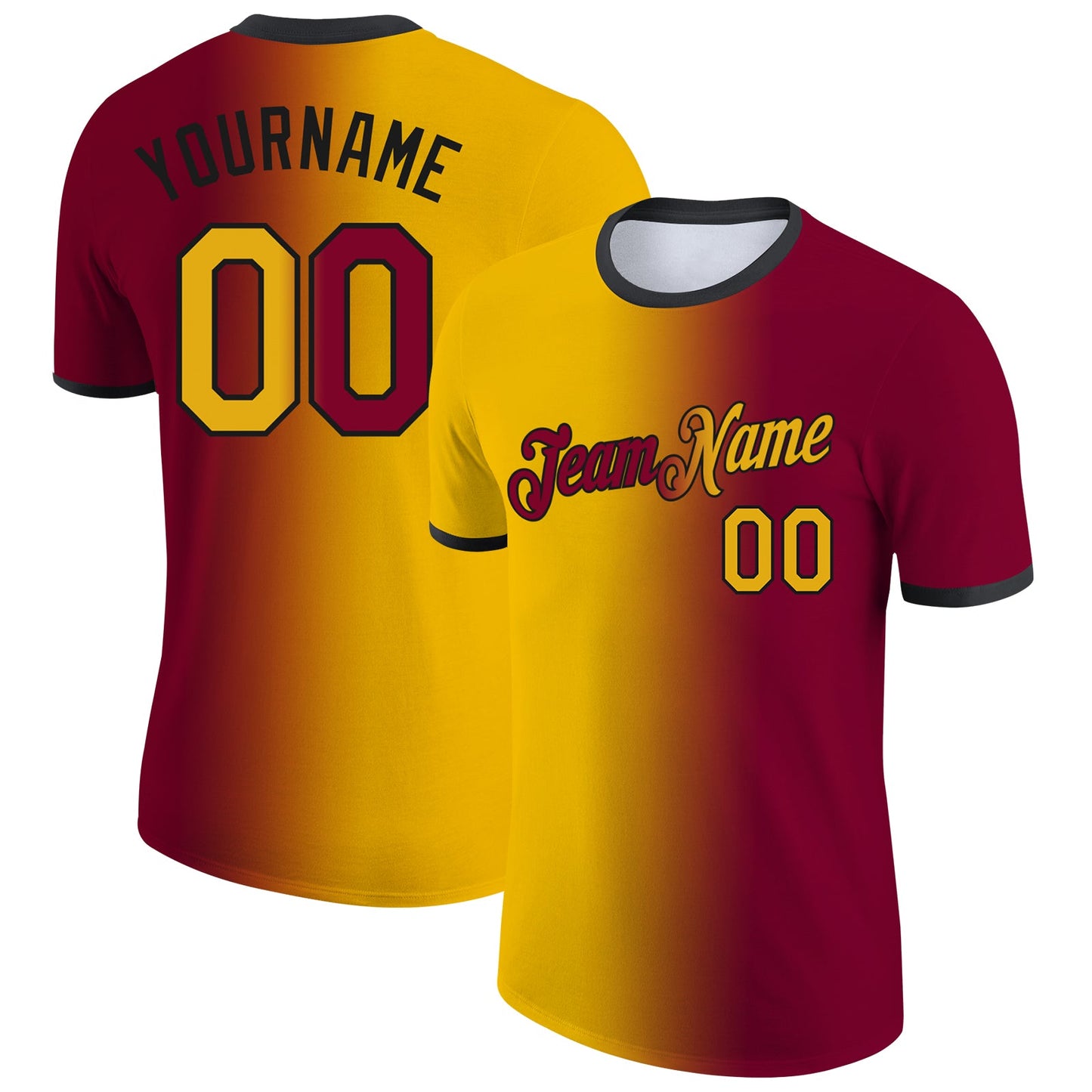 Custom Maroon Gold-Black Gradient Fashion Performance T-Shirt - Main View