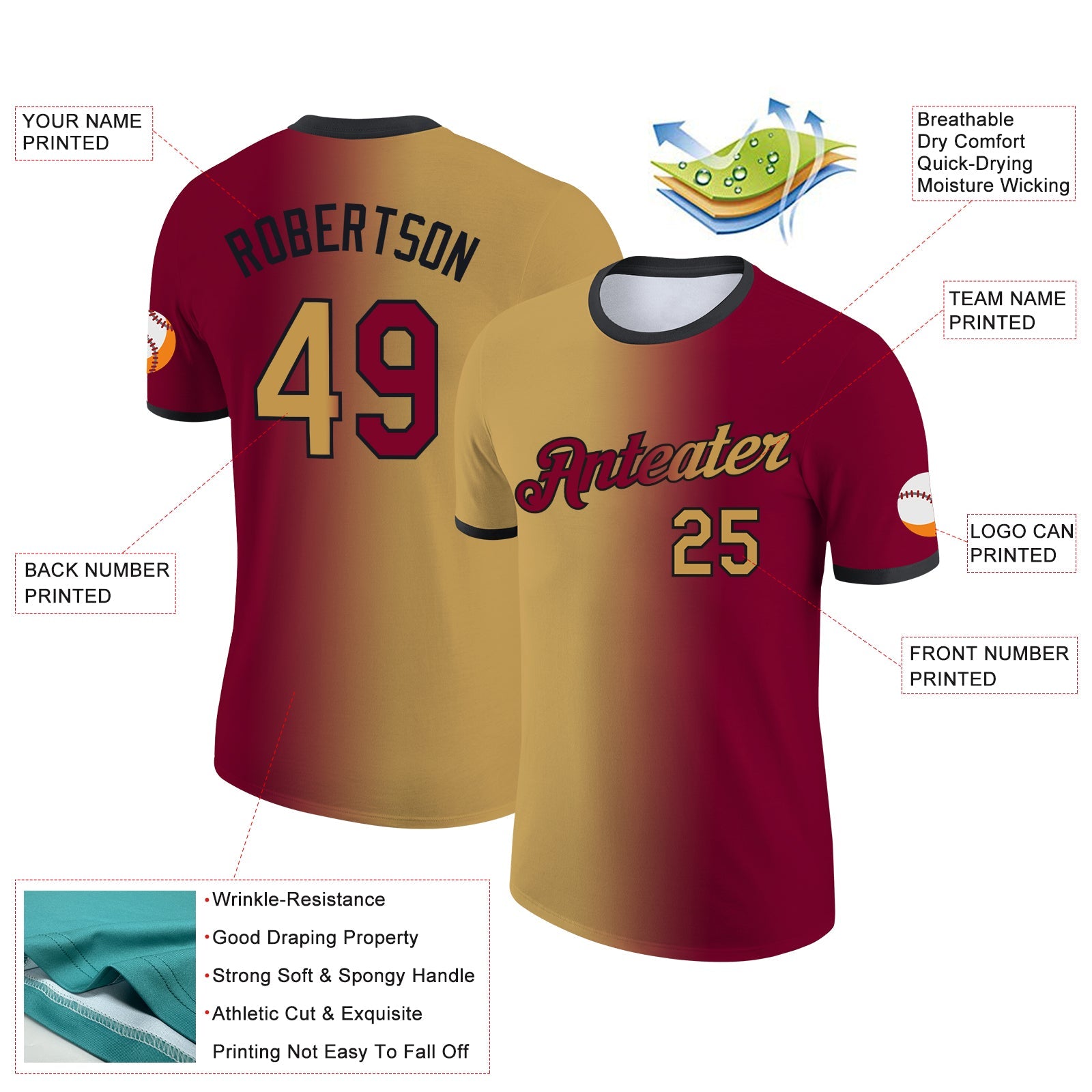 Custom Maroon Old Gold-Black Gradient Fashion Performance T-Shirt view 2