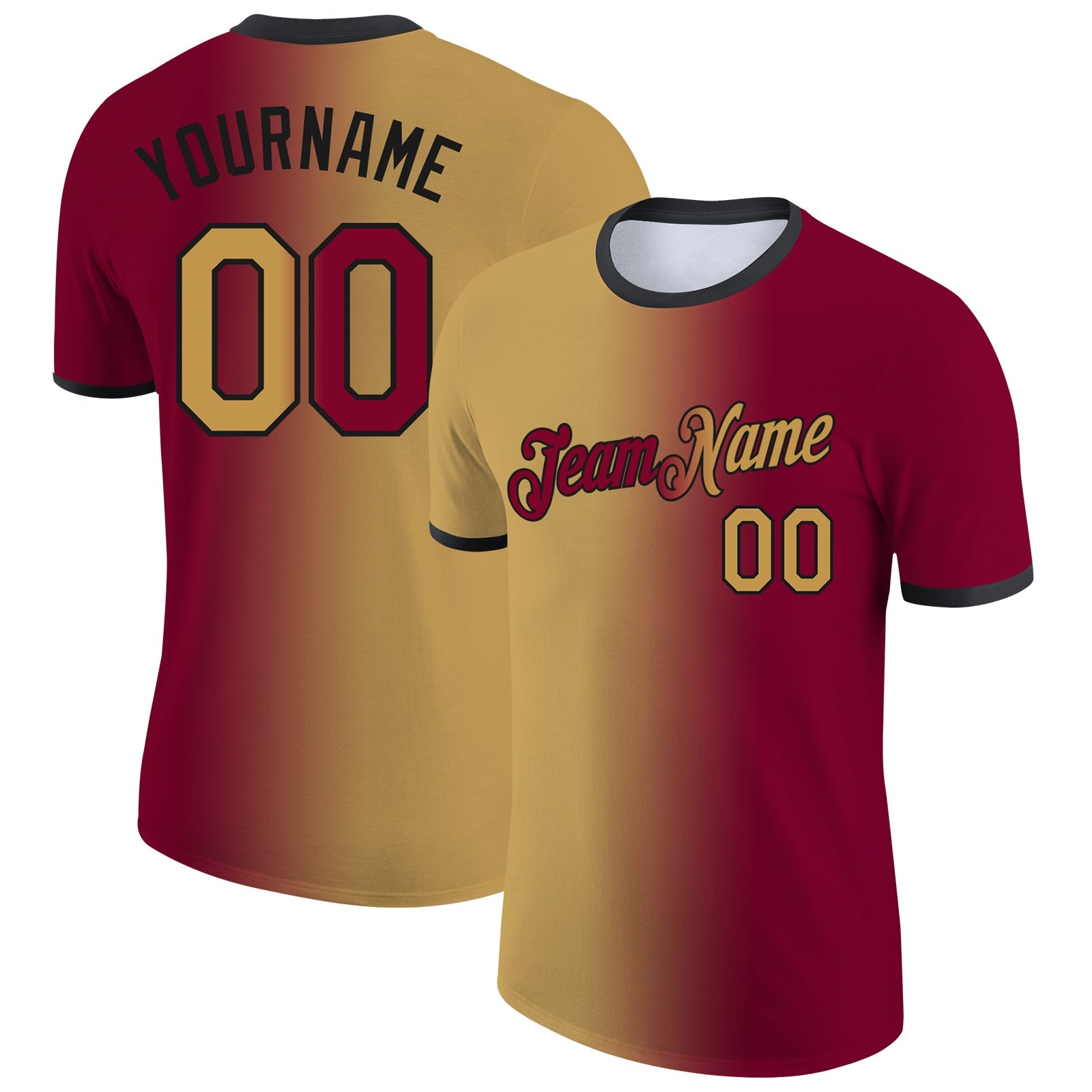 Custom Maroon Old Gold-Black Gradient Fashion Performance T-Shirt - Main View